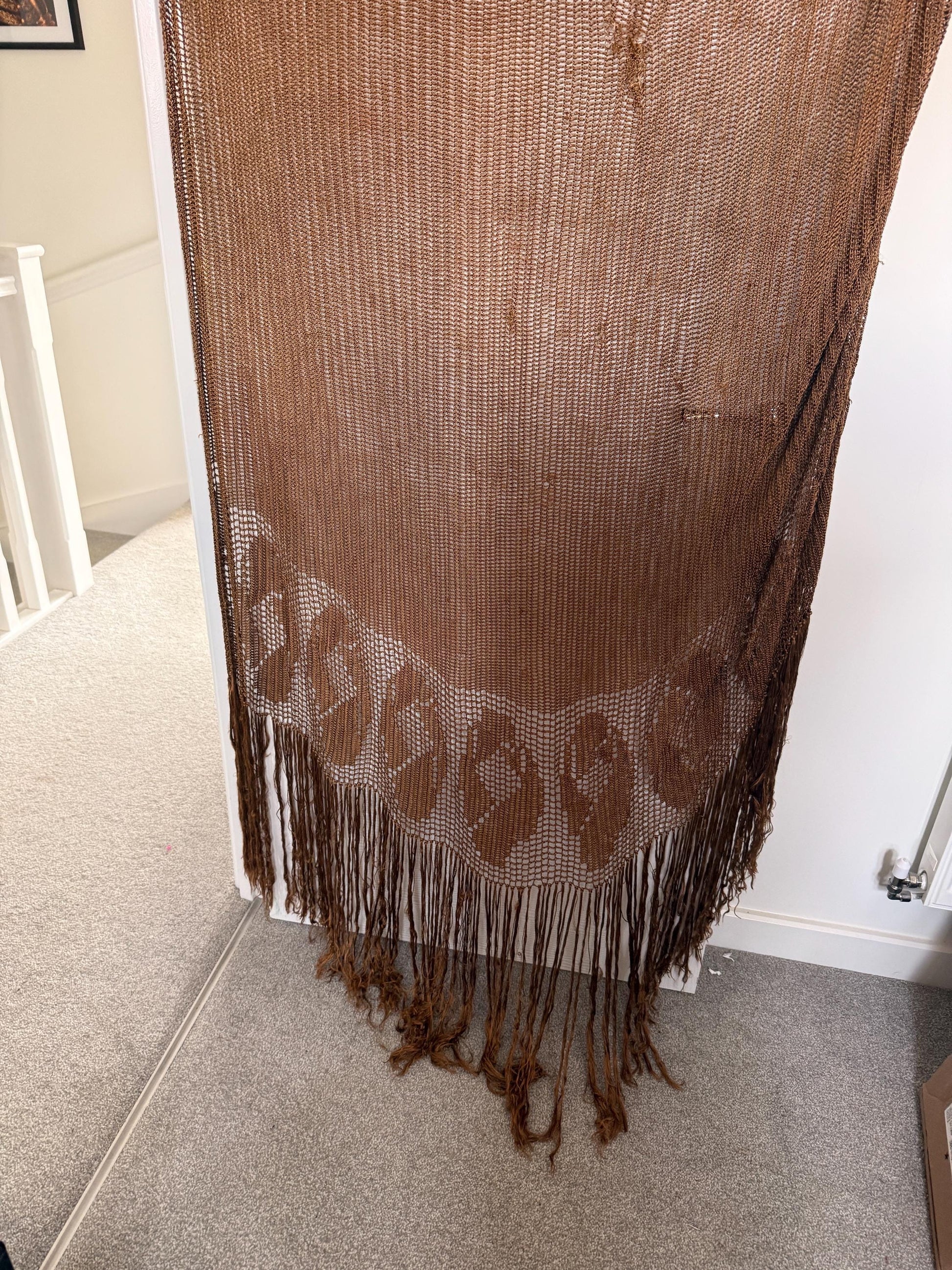 Vintage 1930s Bronze Crochet Piano Shawl 40 x 65 Inch Floral Rose Fringe Art Deco Evening Wrap