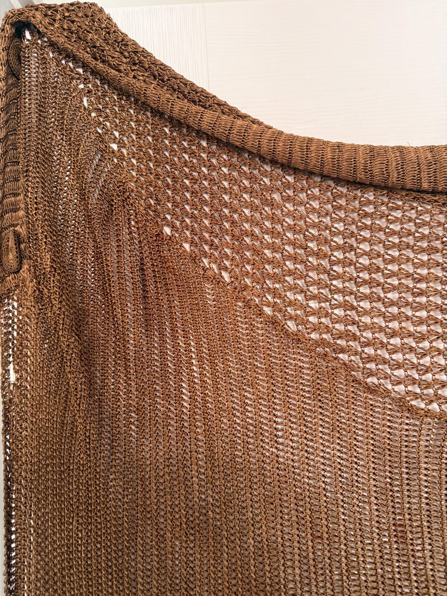 Vintage 1930s Bronze Crochet Piano Shawl 40 x 65 Inch Floral Rose Fringe Art Deco Evening Wrap