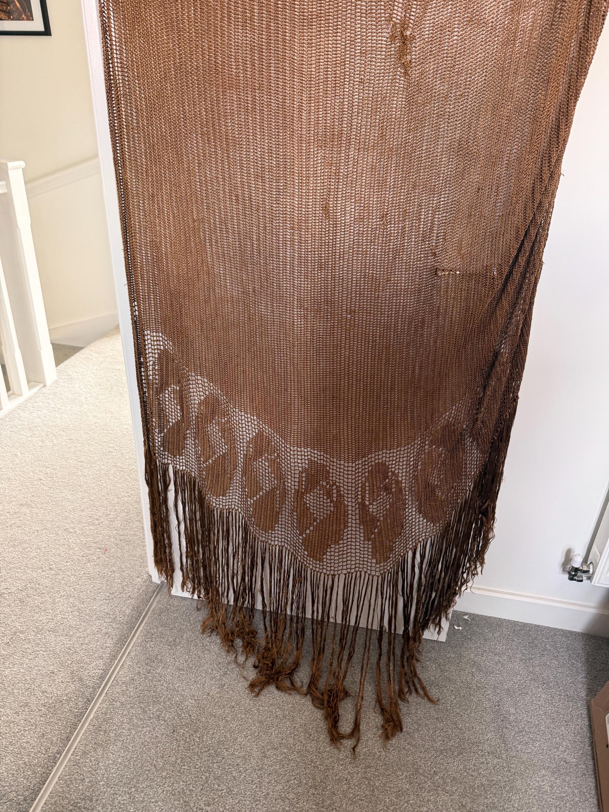 Vintage 1930s Bronze Crochet Piano Shawl 40 x 65 Inch Floral Rose Fringe Art Deco Evening Wrap