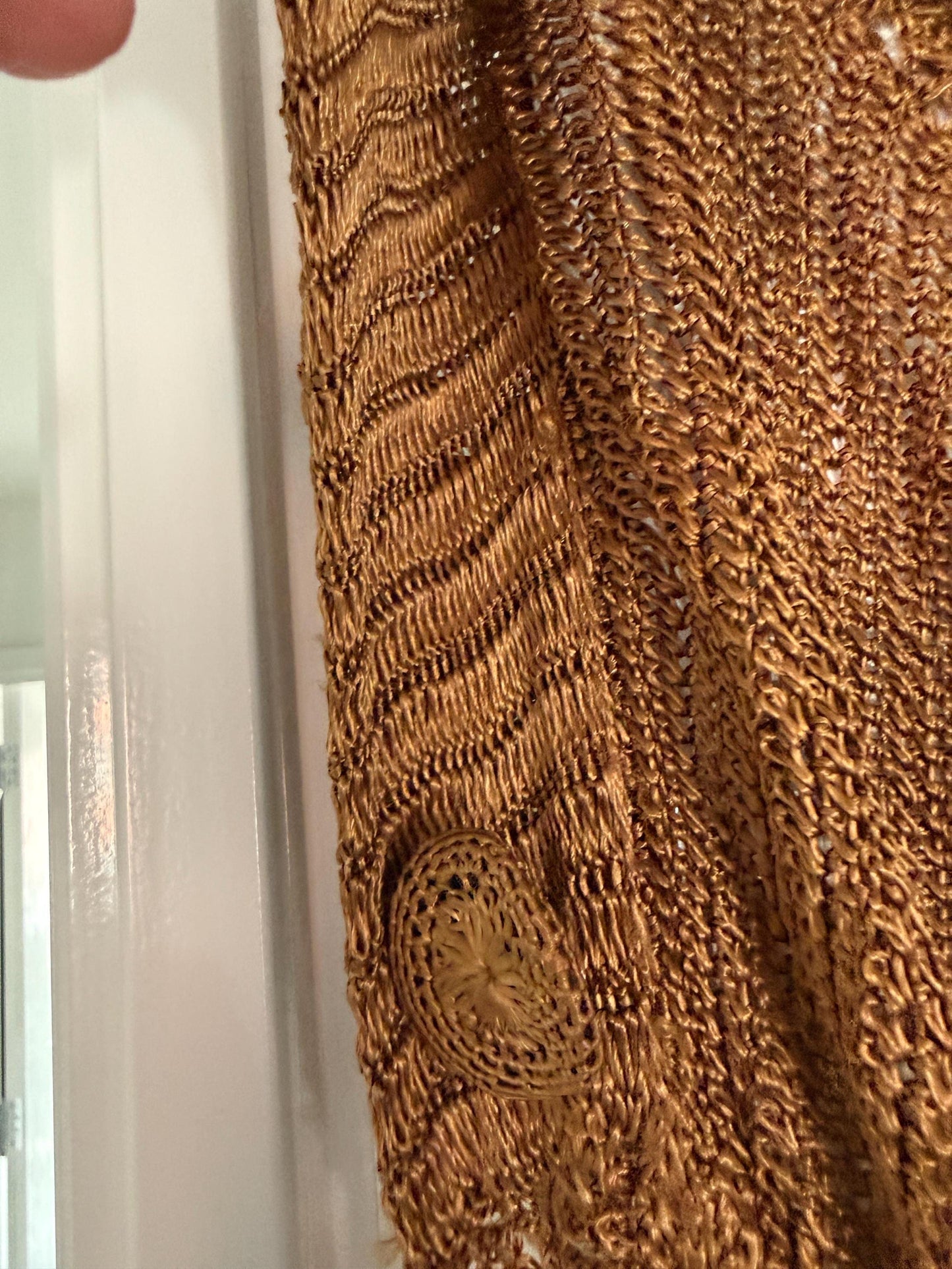 Vintage 1930s Bronze Crochet Piano Shawl 40 x 65 Inch Floral Rose Fringe Art Deco Evening Wrap
