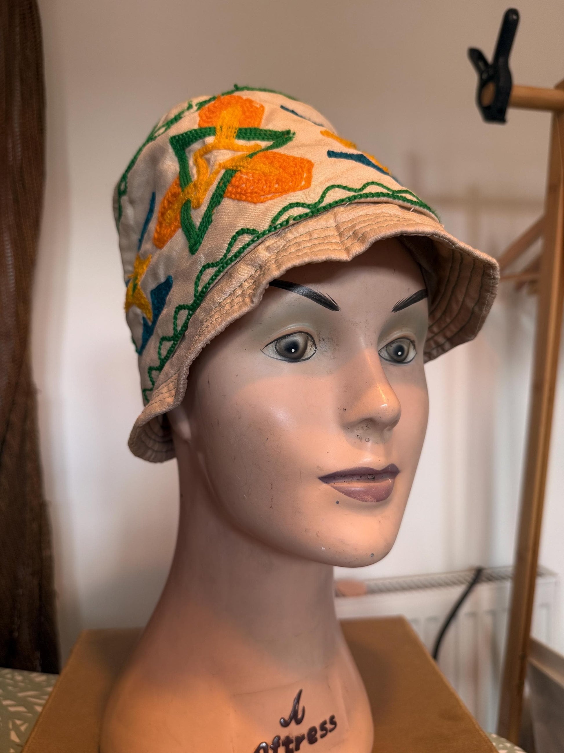 Vintage 1930s Cream Silk Embroidered Cloche Hat Hand Worked Geometric Folk Art Design