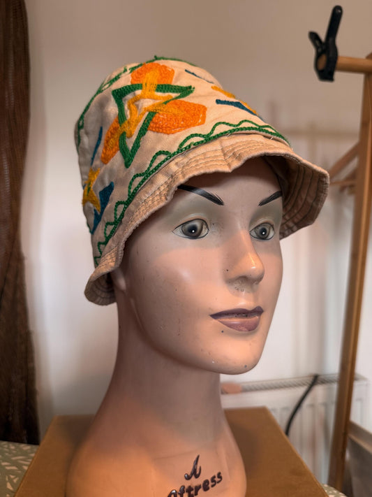 Vintage 1930s Cream Silk Embroidered Cloche Hat Hand Worked Geometric Folk Art Design