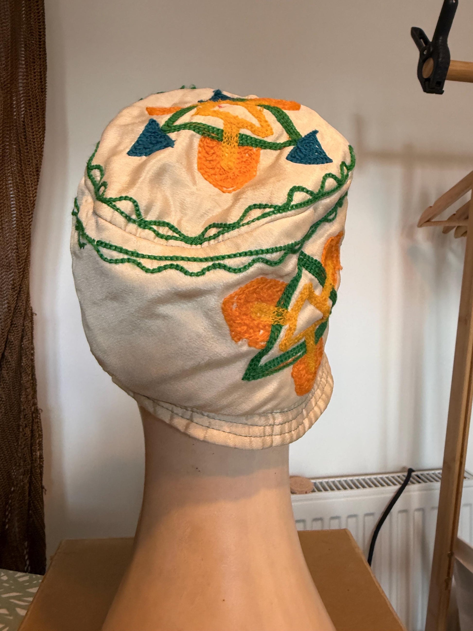 Vintage 1930s Cream Silk Embroidered Cloche Hat Hand Worked Geometric Folk Art Design