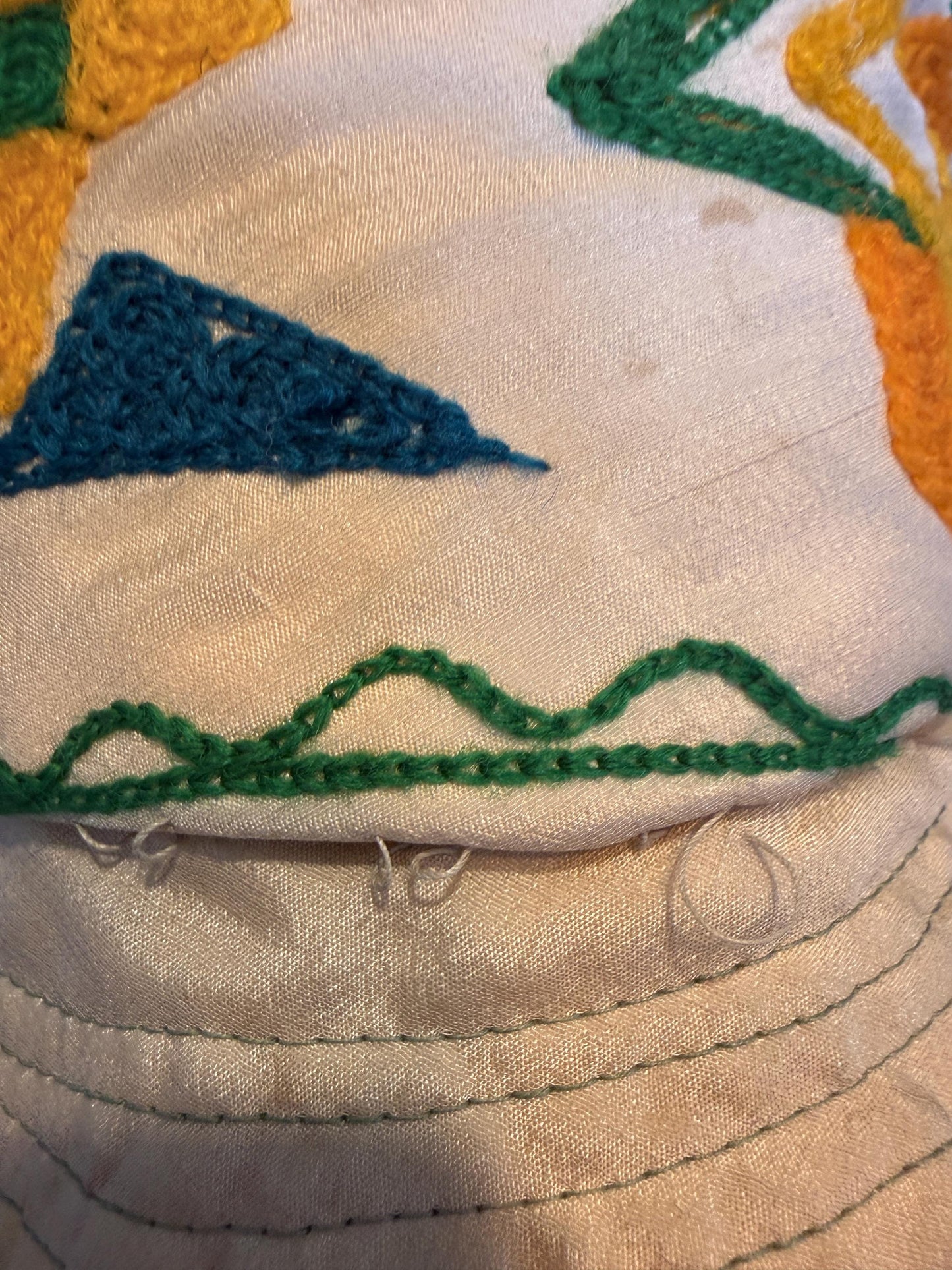 Vintage 1930s Cream Silk Embroidered Cloche Hat Hand Worked Geometric Folk Art Design
