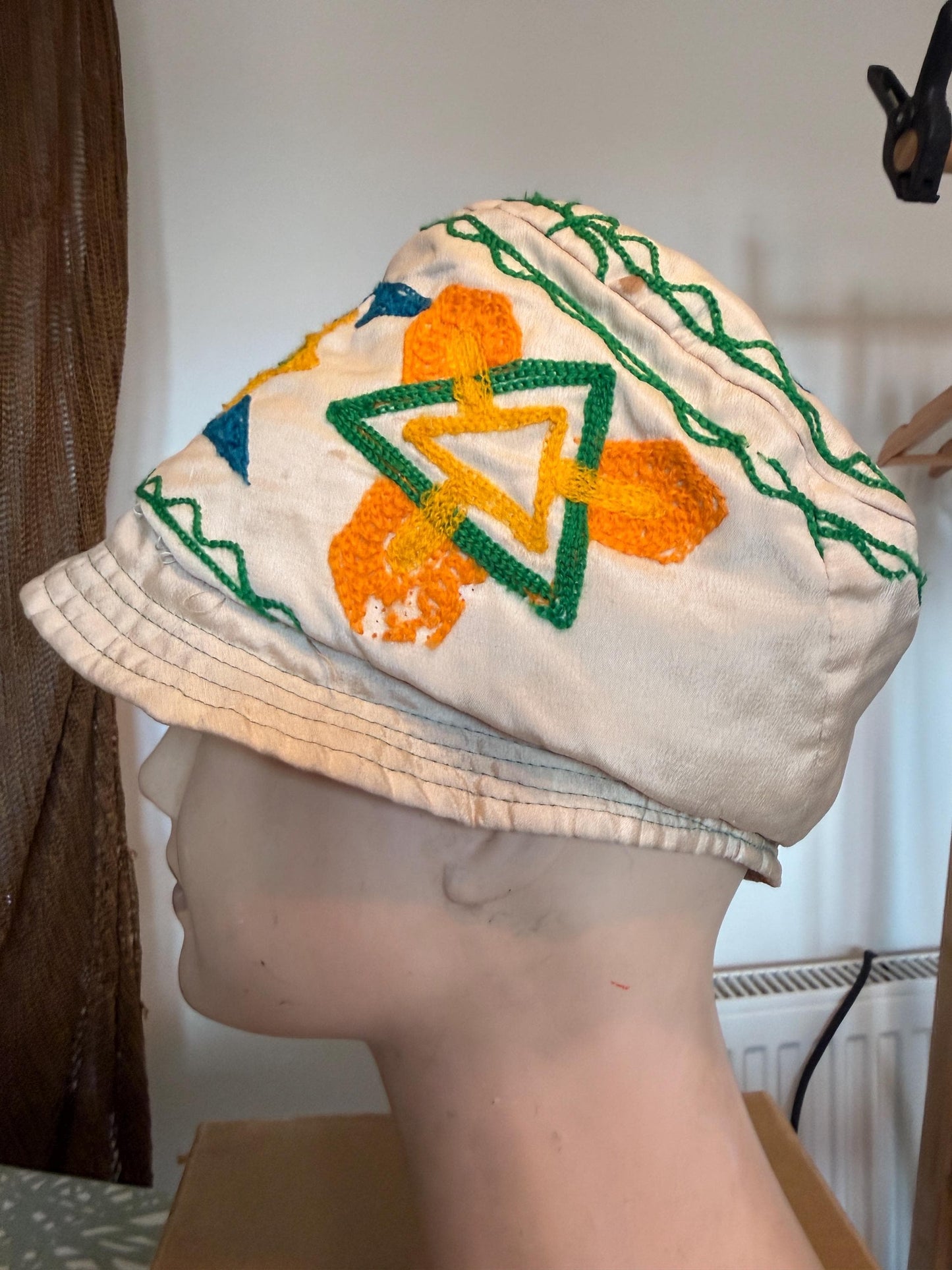 Vintage 1930s Cream Silk Embroidered Cloche Hat Hand Worked Geometric Folk Art Design