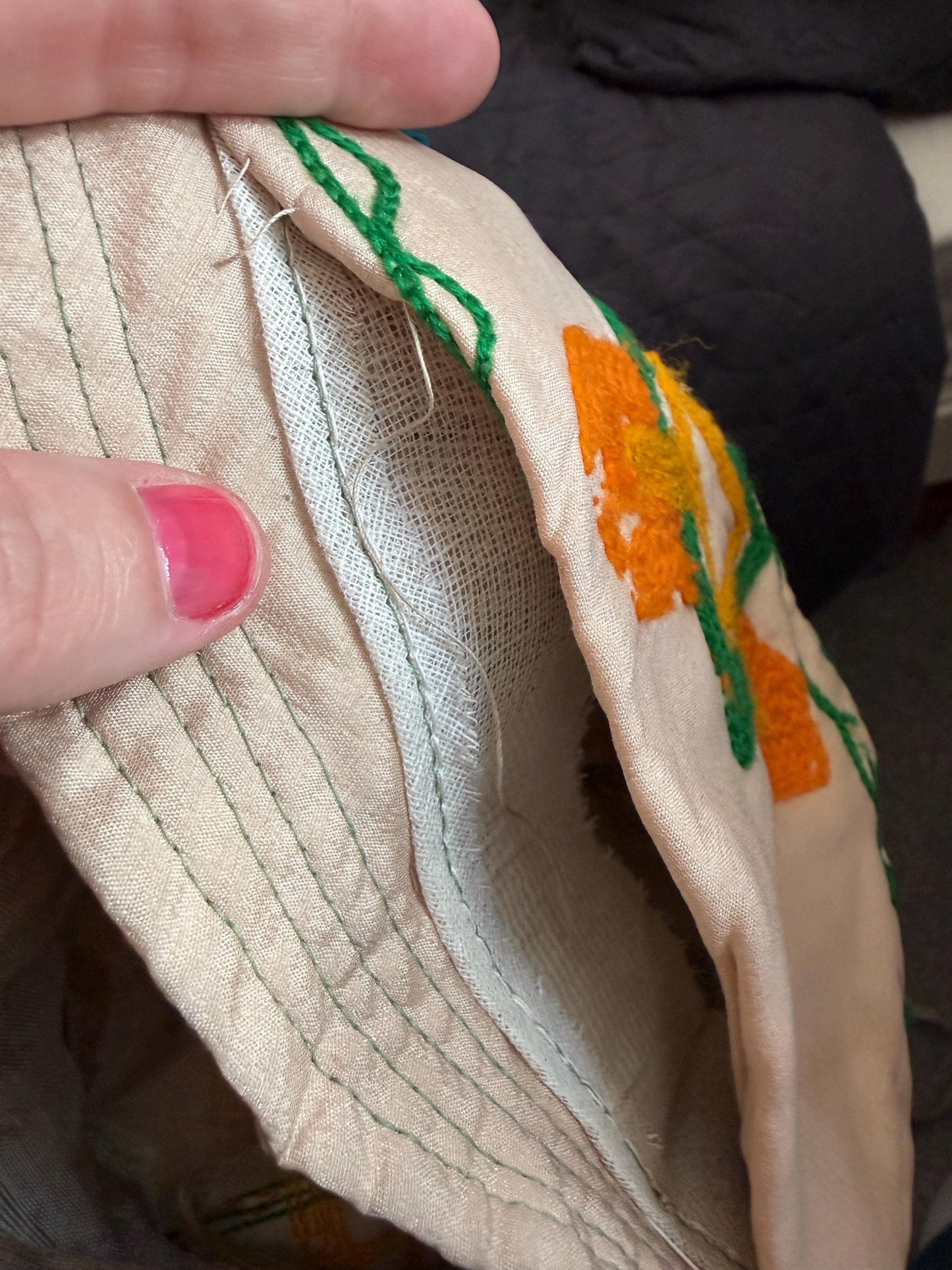 Vintage 1930s Cream Silk Embroidered Cloche Hat Hand Worked Geometric Folk Art Design