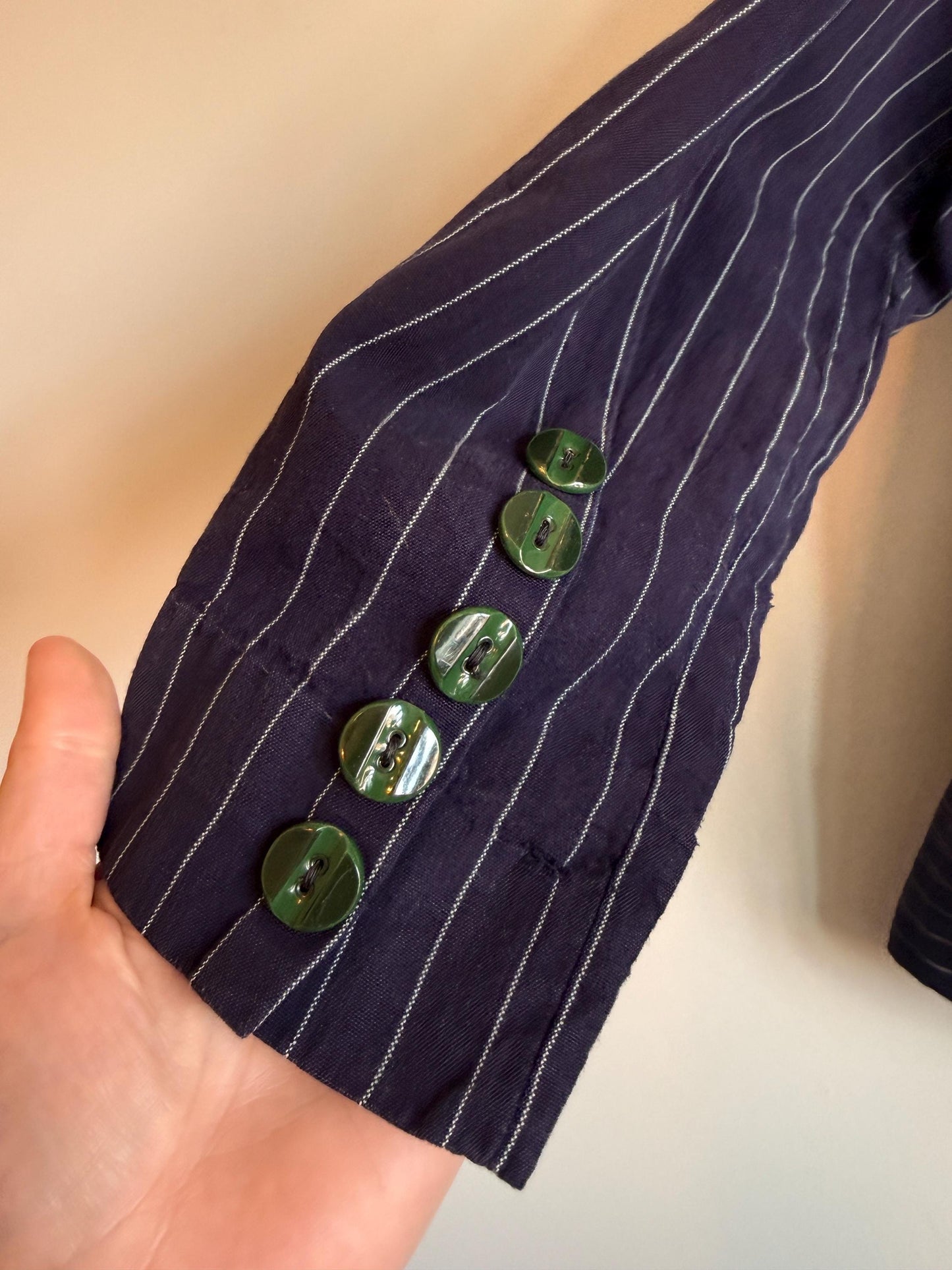 Vintage 1930s Navy Pinstripe Blouson Jacket Wide Sailor Collar Green Buttons