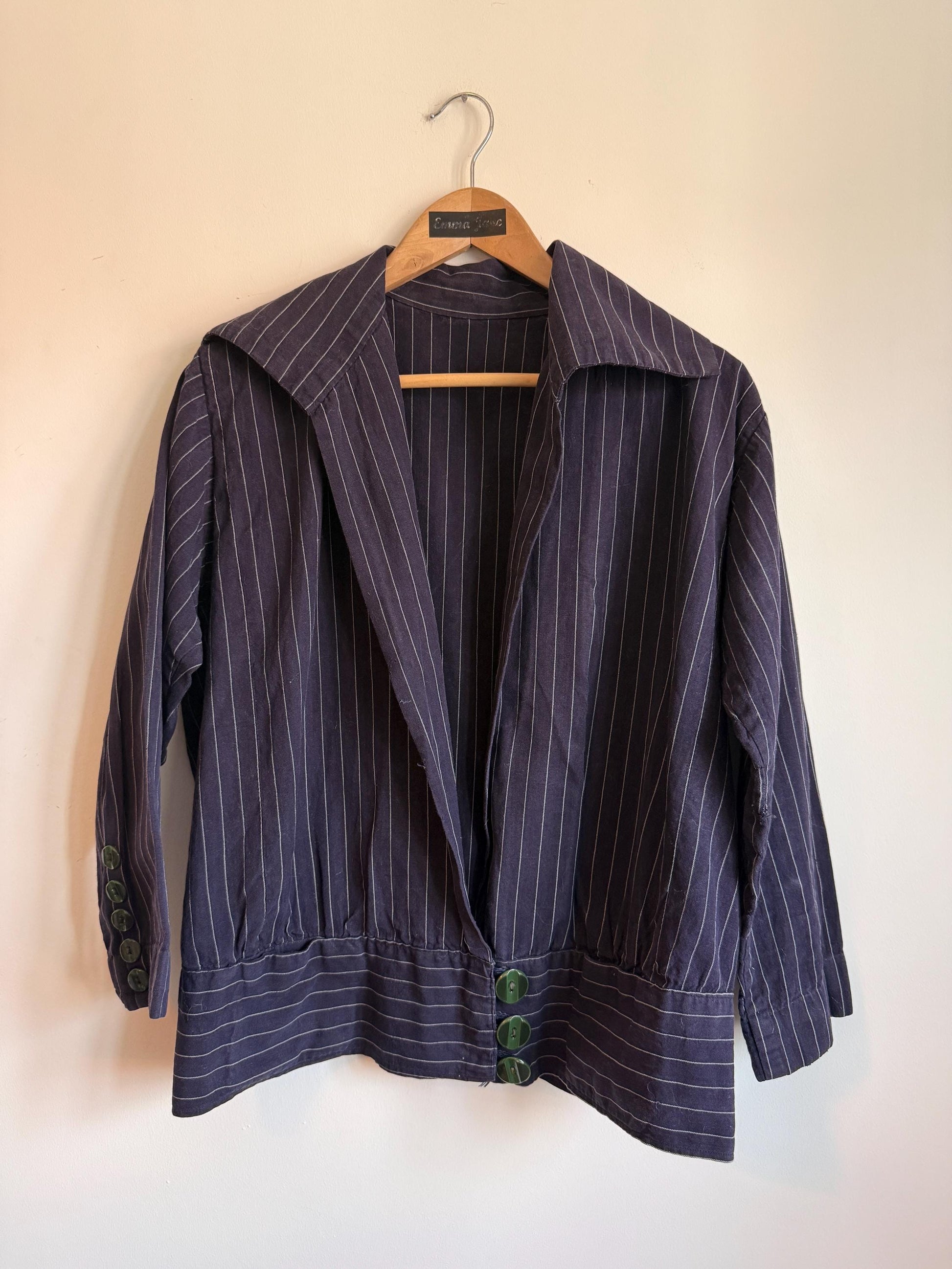 Vintage 1930s Navy Pinstripe Blouson Jacket Wide Sailor Collar Green Buttons