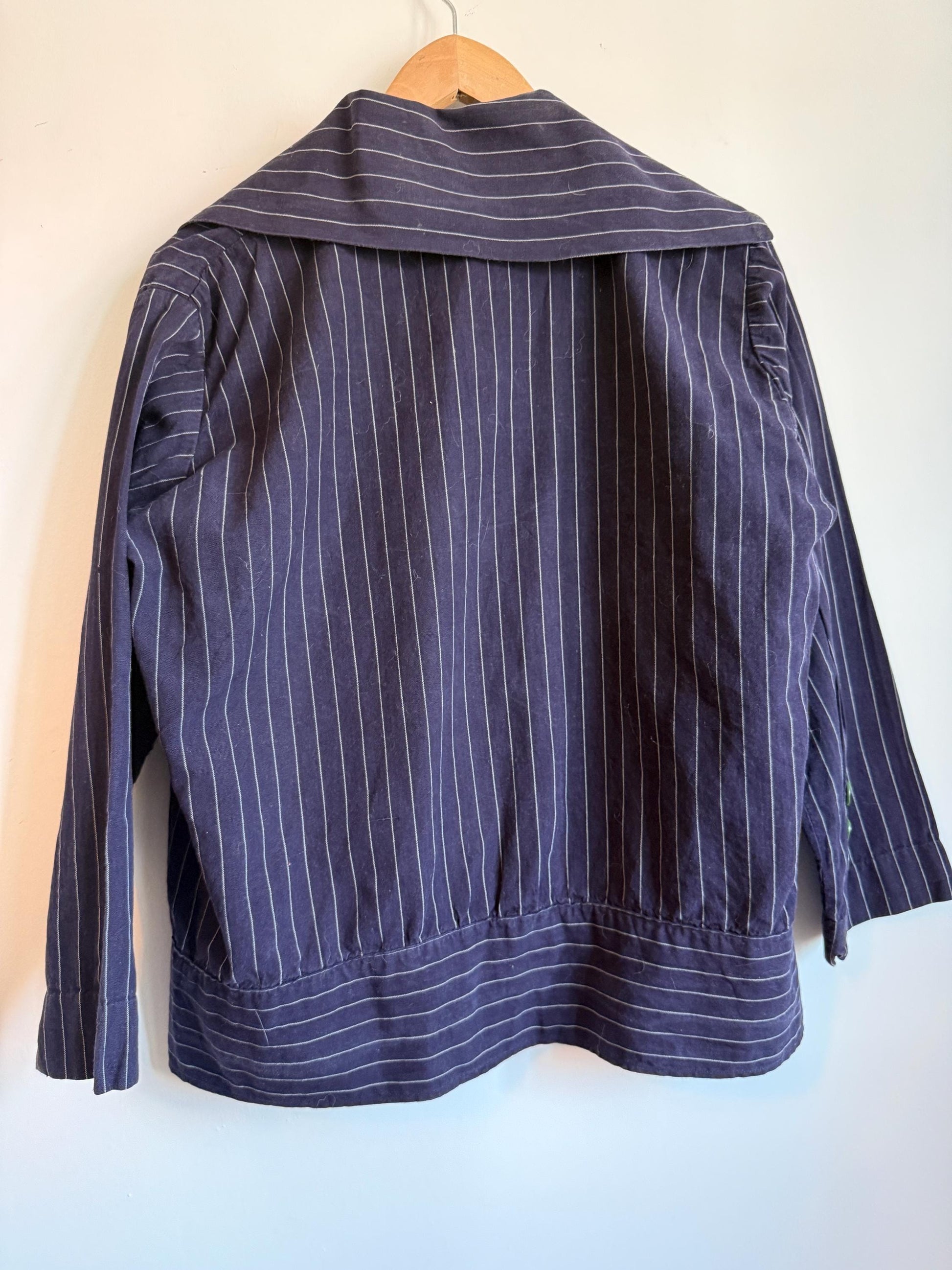 Vintage 1930s Navy Pinstripe Blouson Jacket Wide Sailor Collar Green Buttons