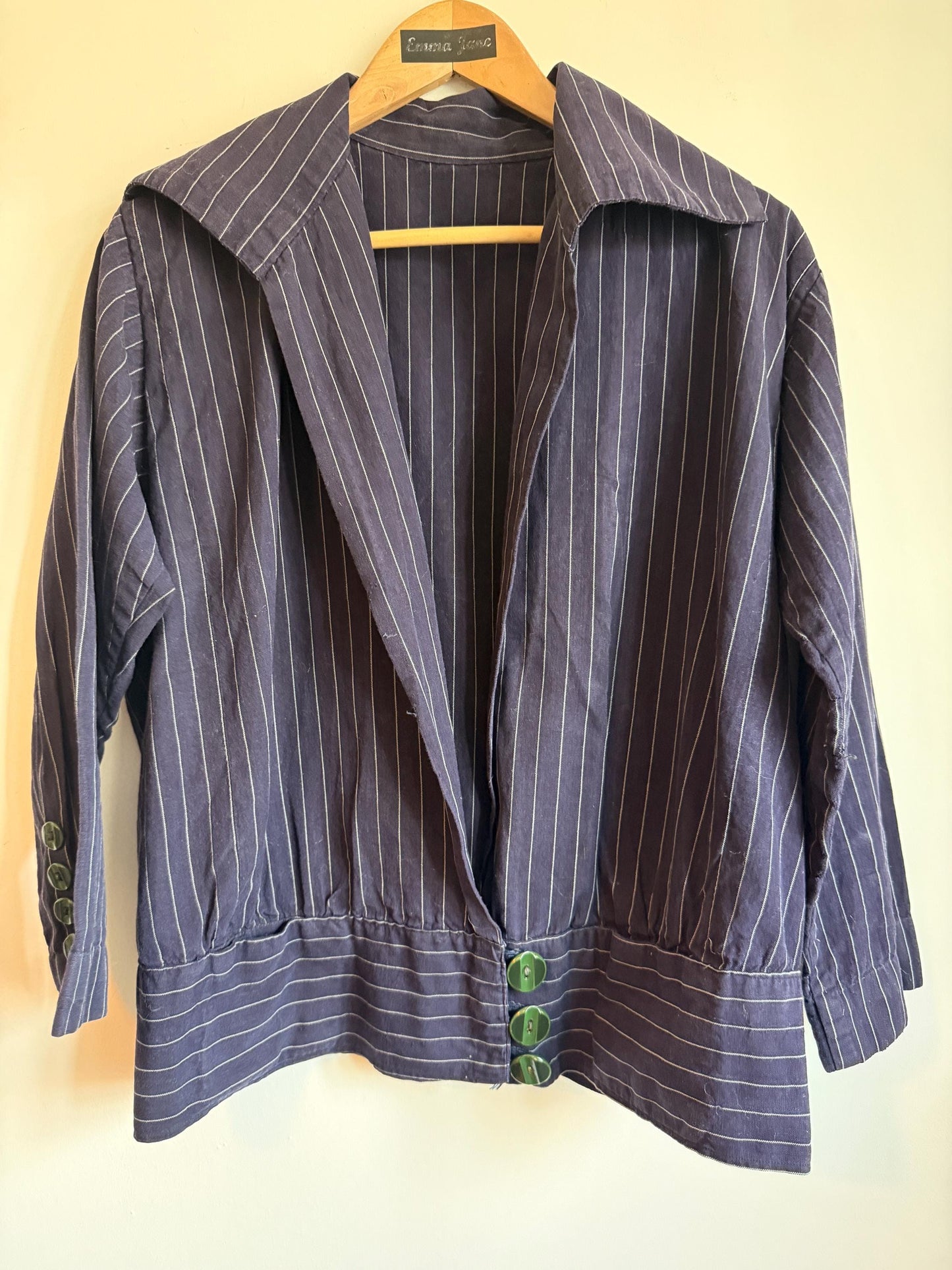 Vintage 1930s Navy Pinstripe Blouson Jacket Wide Sailor Collar Green Buttons