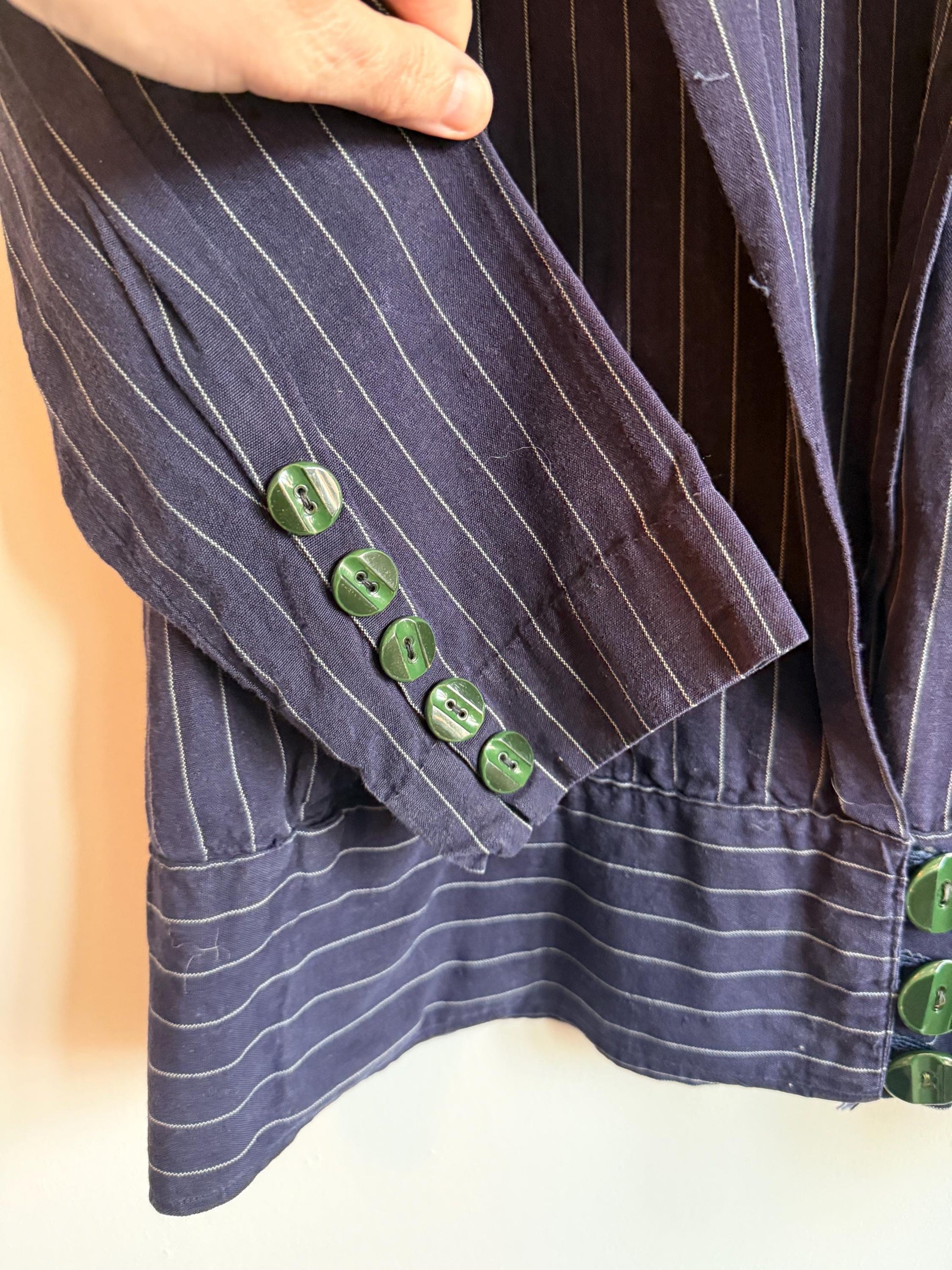 Vintage 1930s Navy Pinstripe Blouson Jacket Wide Sailor Collar Green Buttons