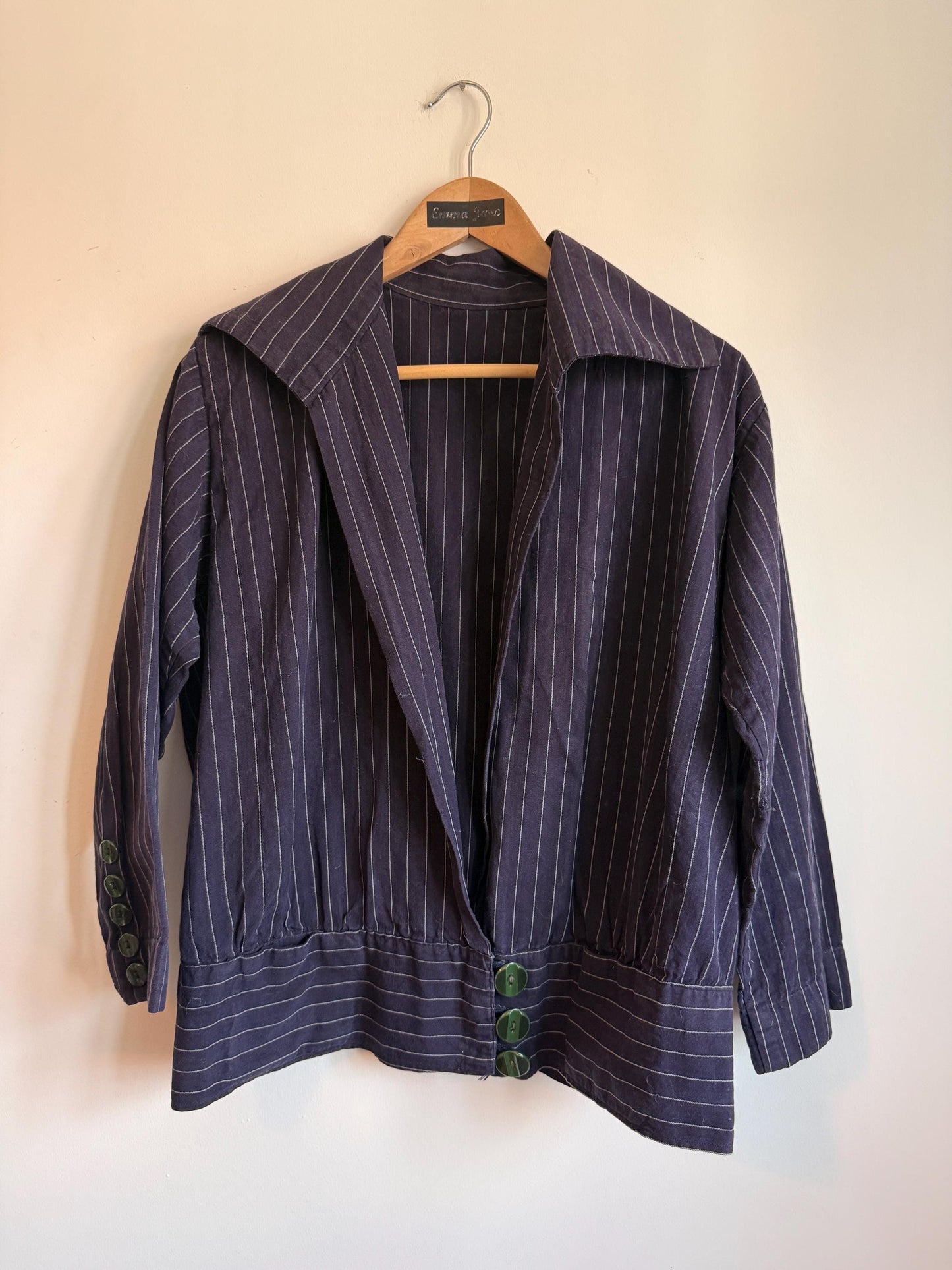 Vintage 1930s Navy Pinstripe Blouson Jacket Wide Sailor Collar Green Buttons