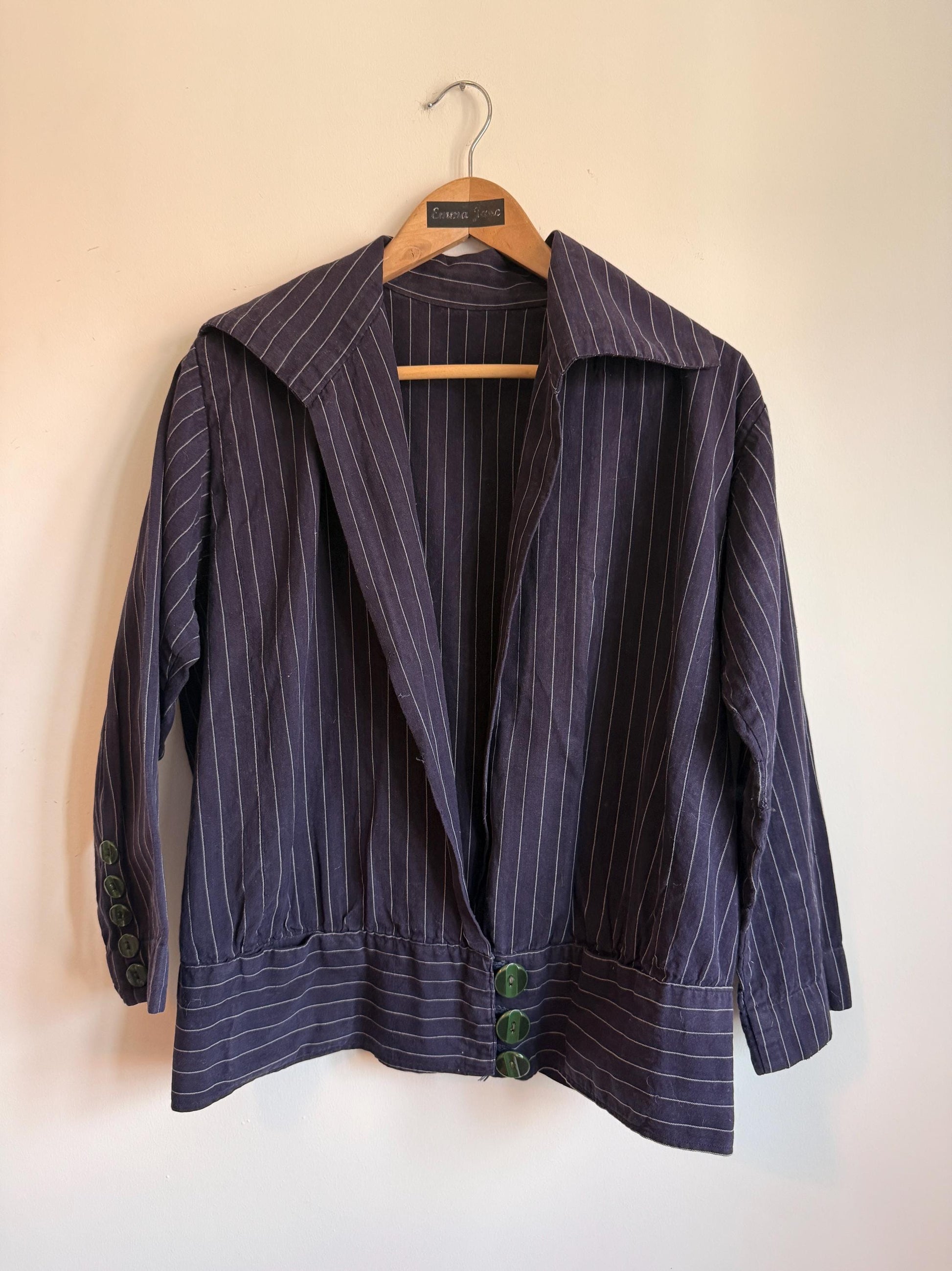 Vintage 1930s Navy Pinstripe Blouson Jacket Wide Sailor Collar Green Buttons