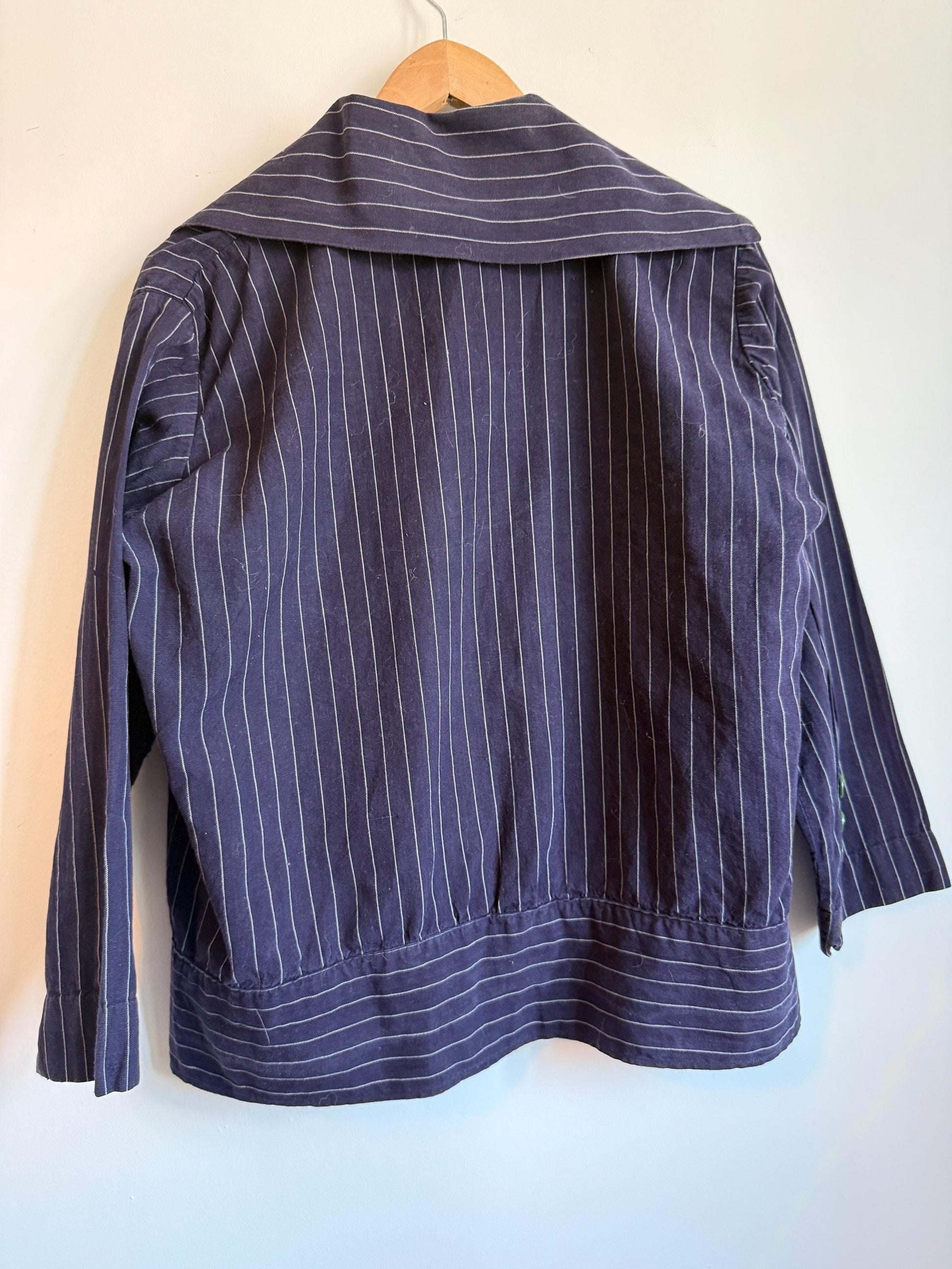 Vintage 1930s Navy Pinstripe Blouson Jacket Wide Sailor Collar Green Buttons