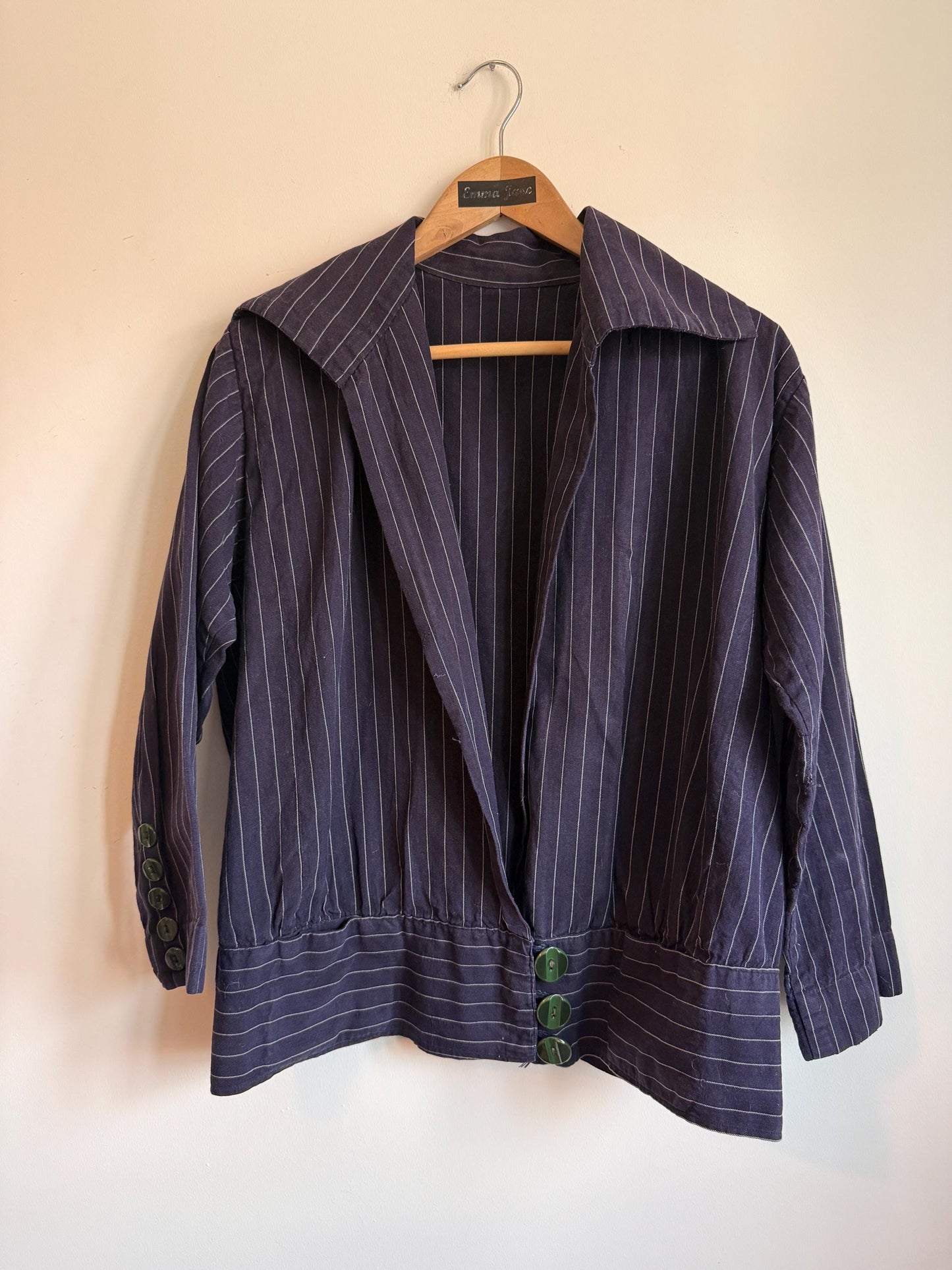 Vintage 1930s Navy Pinstripe Blouson Jacket Wide Sailor Collar Green Buttons
