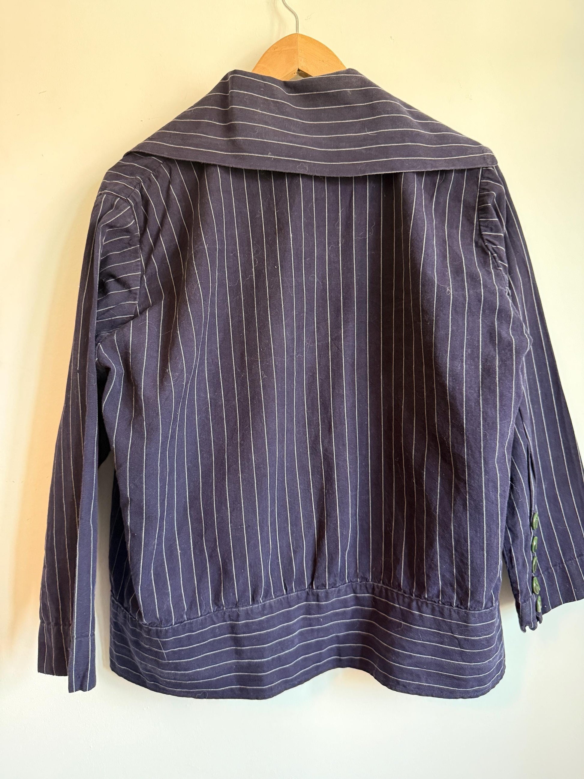 Vintage 1930s Navy Pinstripe Blouson Jacket Wide Sailor Collar Green Buttons