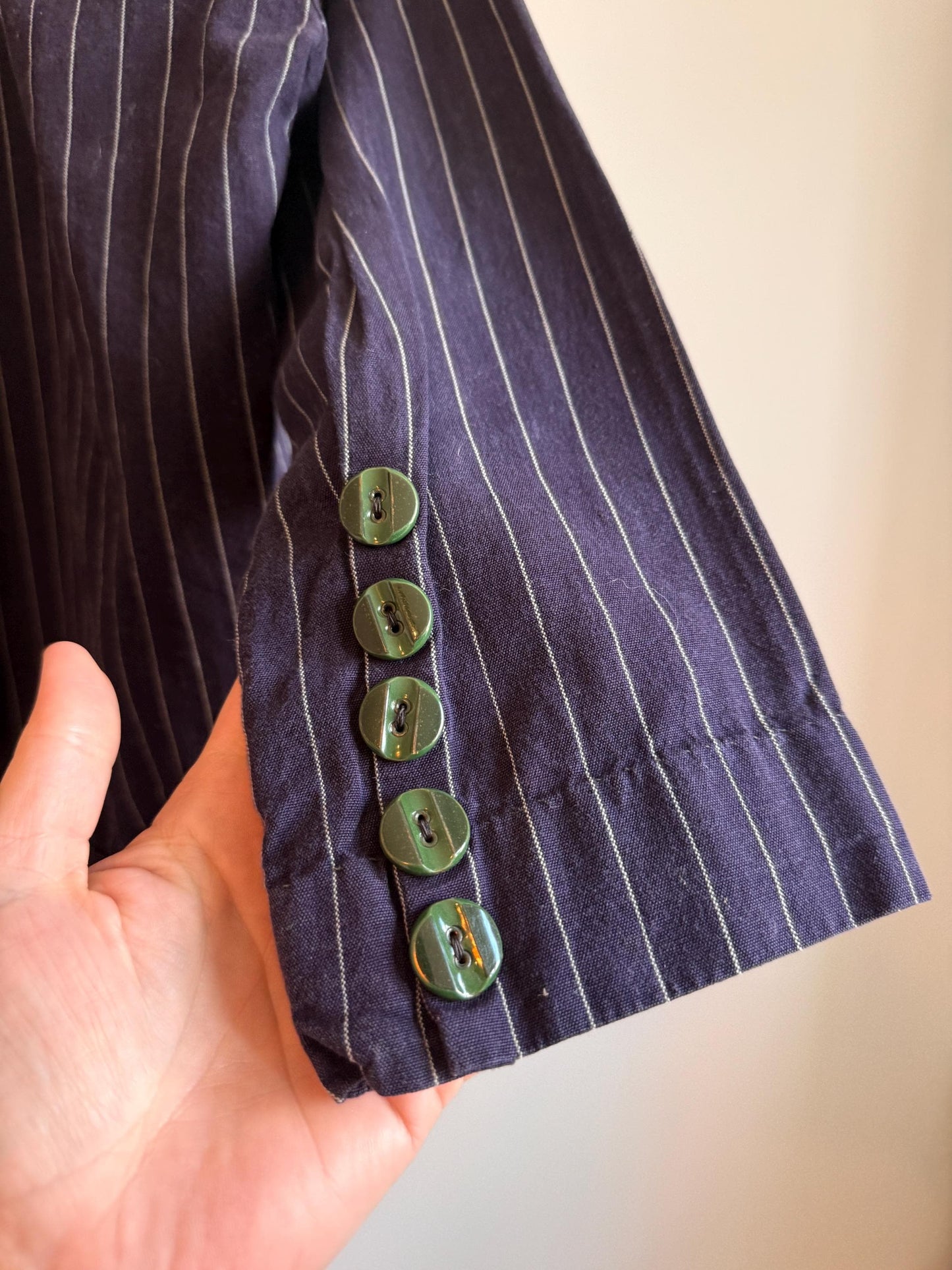 Vintage 1930s Navy Pinstripe Blouson Jacket Wide Sailor Collar Green Buttons