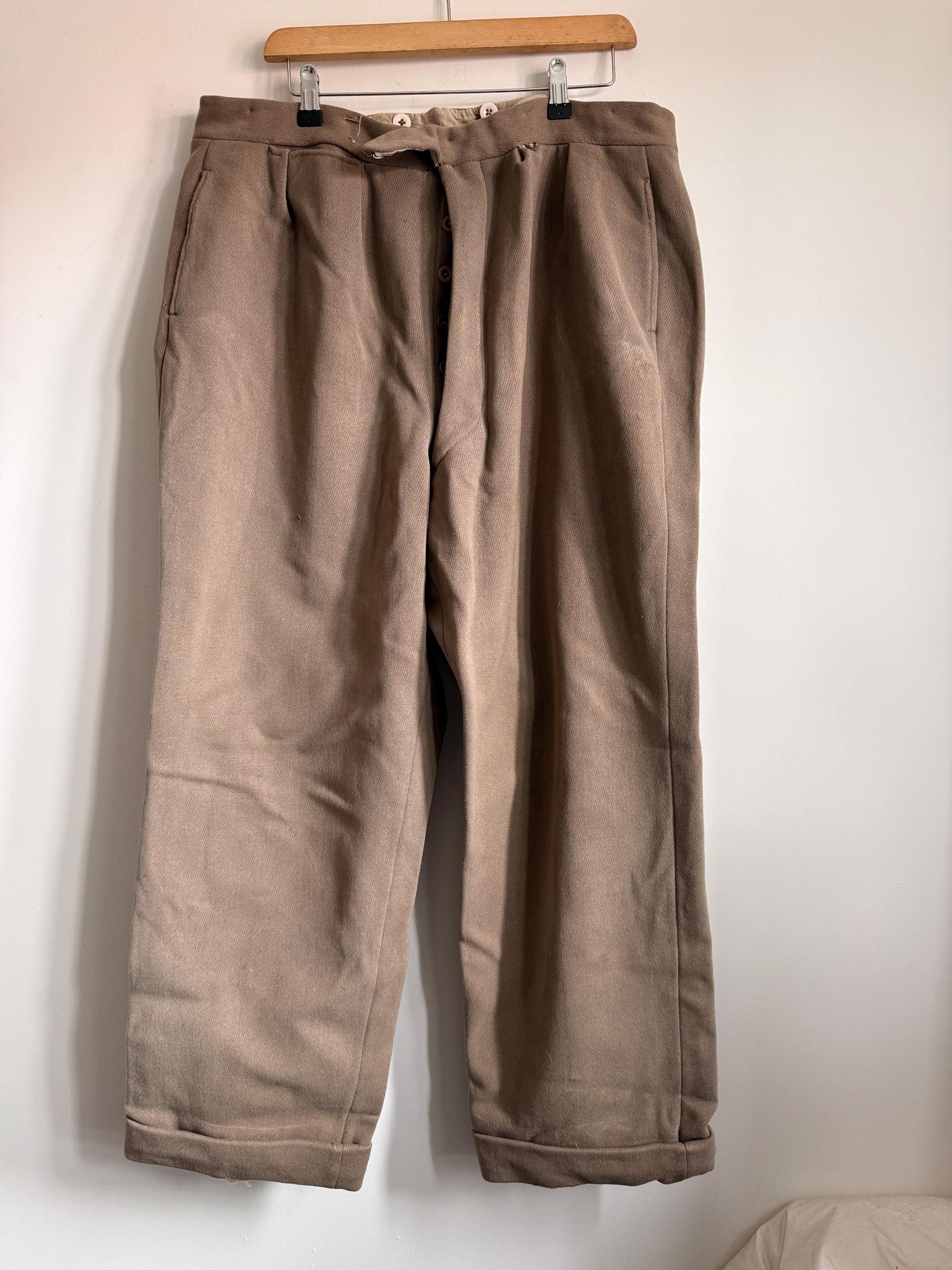 Vintage 1940s 1950s Brown Wool Trousers | High Waisted Button Fly Tailored Men's Pants | British Heritage Wool Trousers | Brace Button Waist