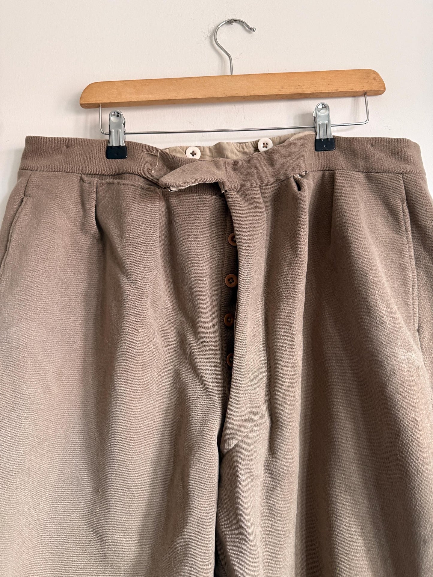 Vintage 1940s 1950s Brown Wool Trousers | High Waisted Button Fly Tailored Men's Pants | British Heritage Wool Trousers | Brace Button Waist