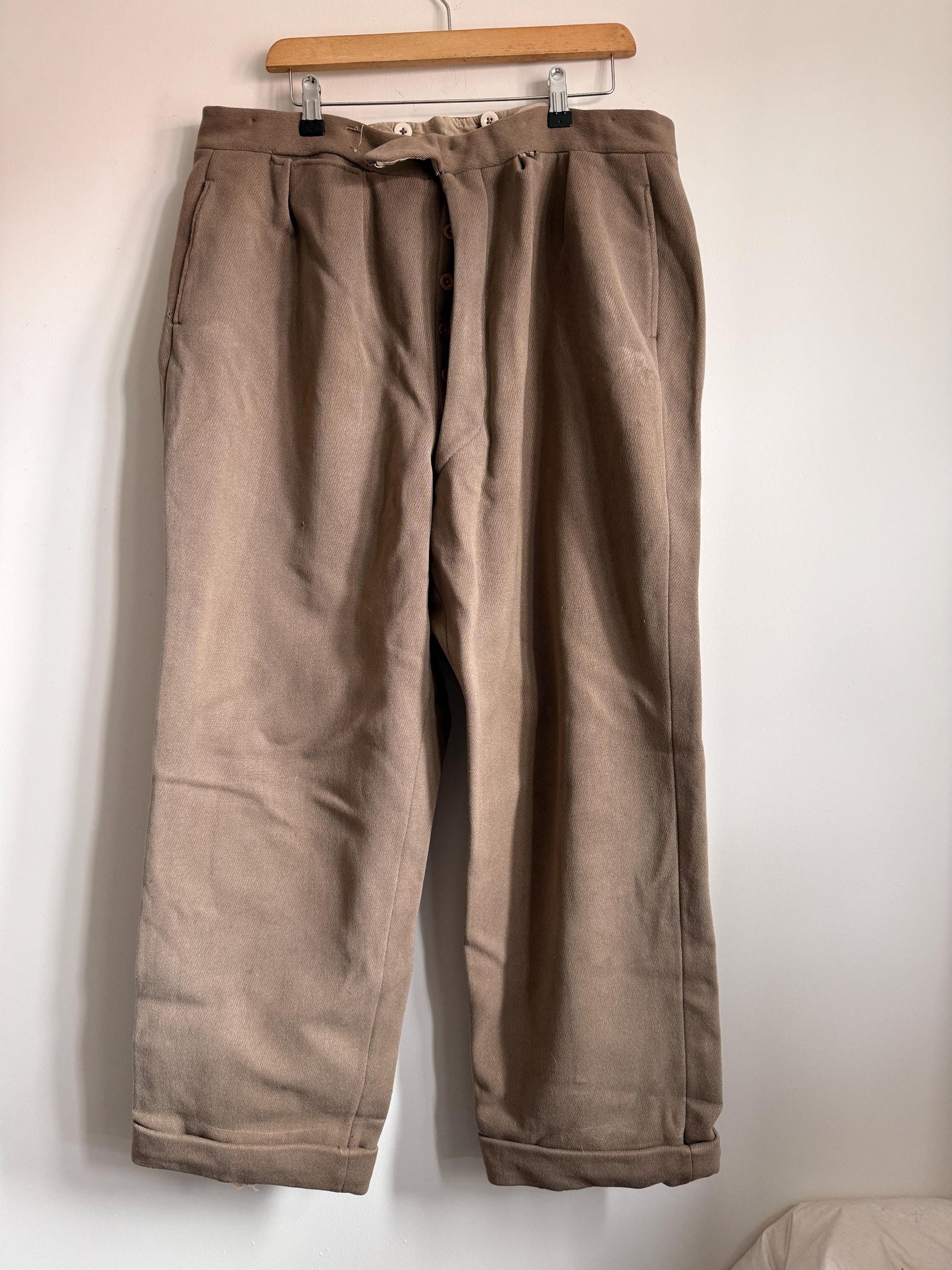 Vintage 1940s 1950s Brown Wool Trousers | High Waisted Button Fly Tailored Men's Pants | British Heritage Wool Trousers | Brace Button Waist