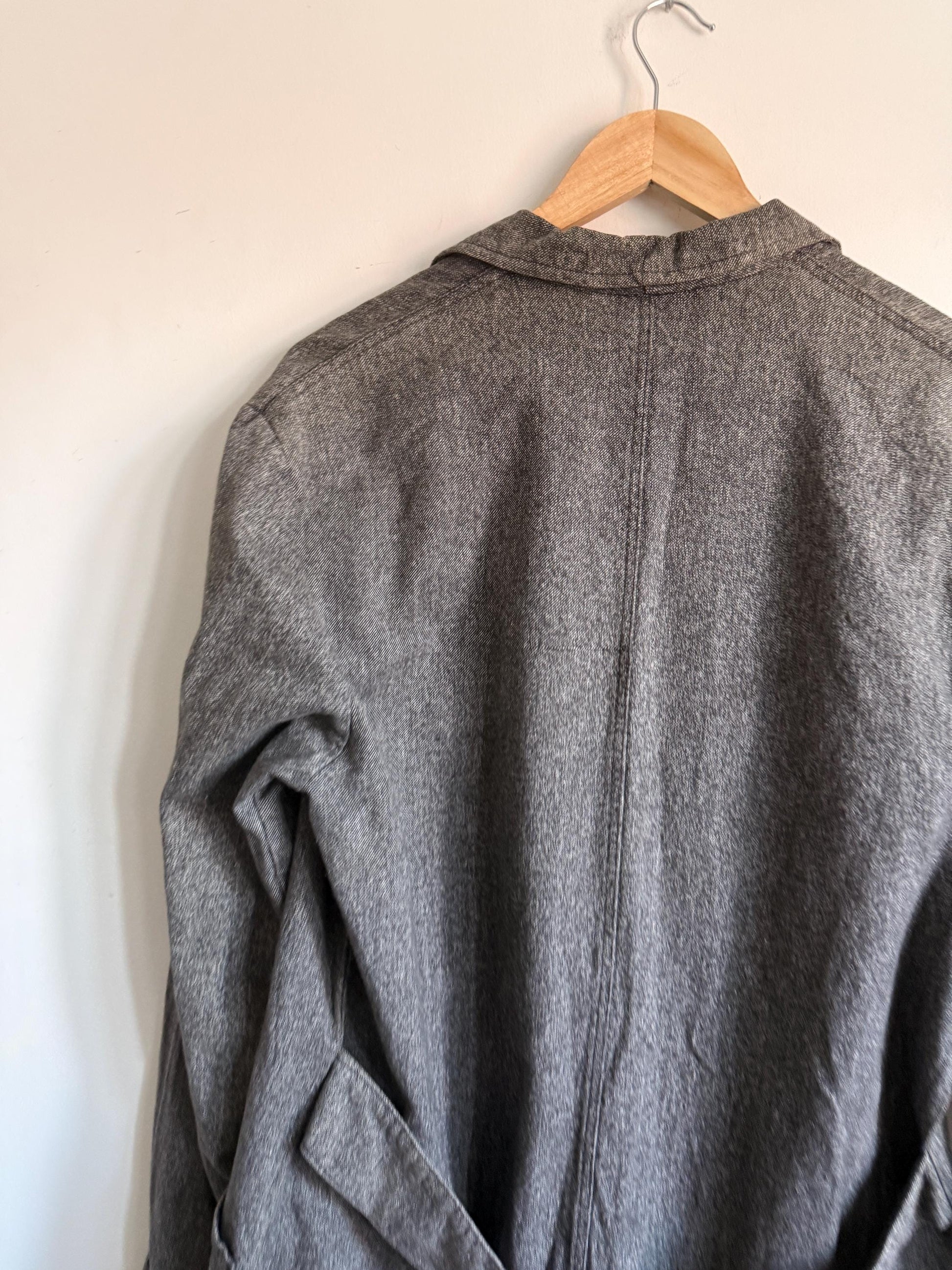 Vintage 1940s 1950s Grey Workwear Chore Coat Long Atelier Workshop Shop Coat Utility Jacket