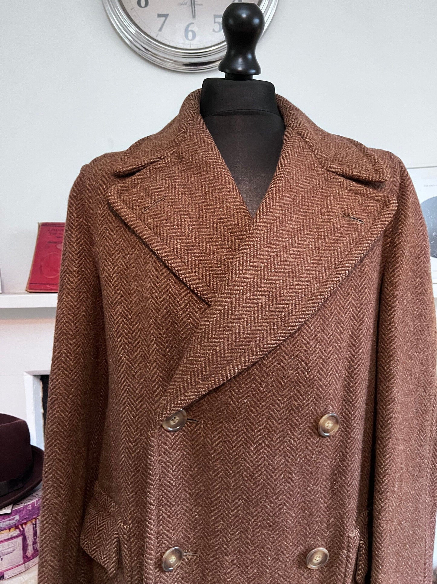 Vintage 1940s Barkers of Kensington Tailored Men's Double Breasted Brown Herringbone Coat Overcoat