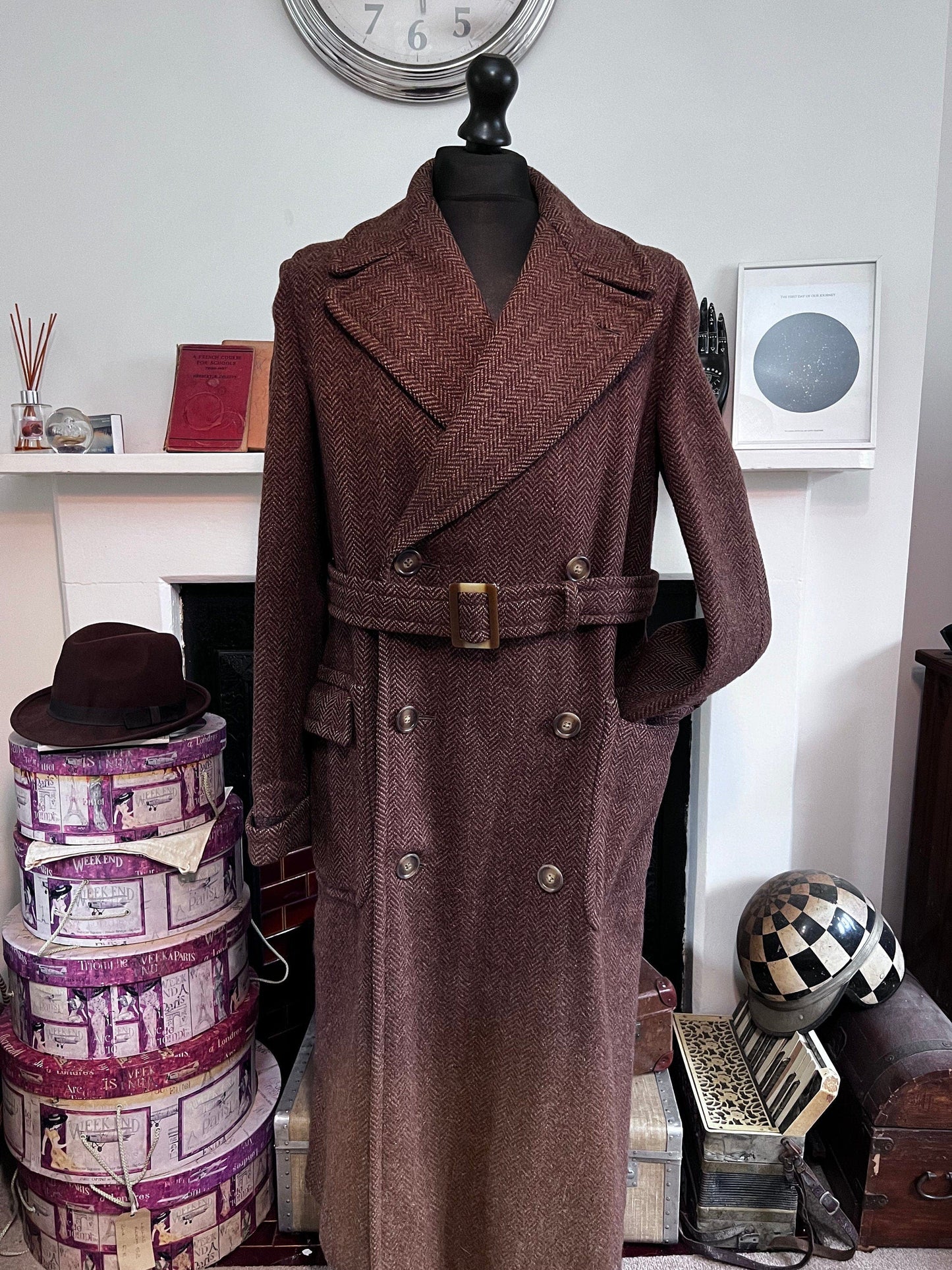 Vintage 1940s Barkers of Kensington Tailored Men's Double Breasted Brown Herringbone Coat Overcoat