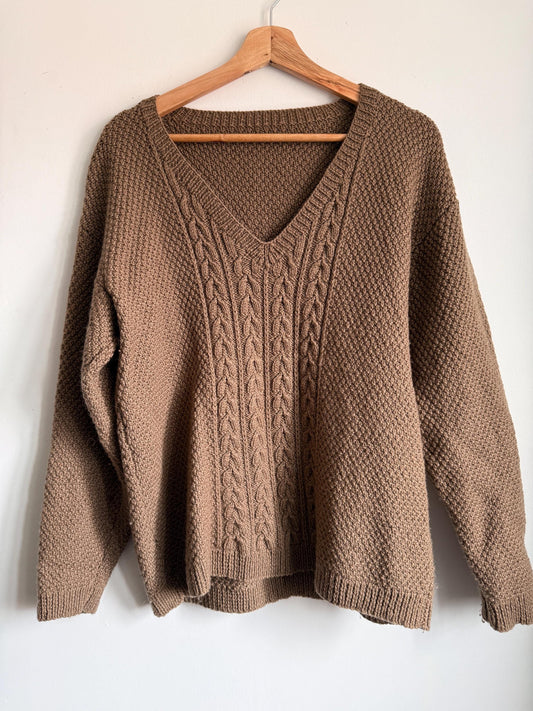 Vintage 1940s Brown Cable Knit Wool Jumper – V Neck Chunky Country Sweater – Unisex Heritage Knit