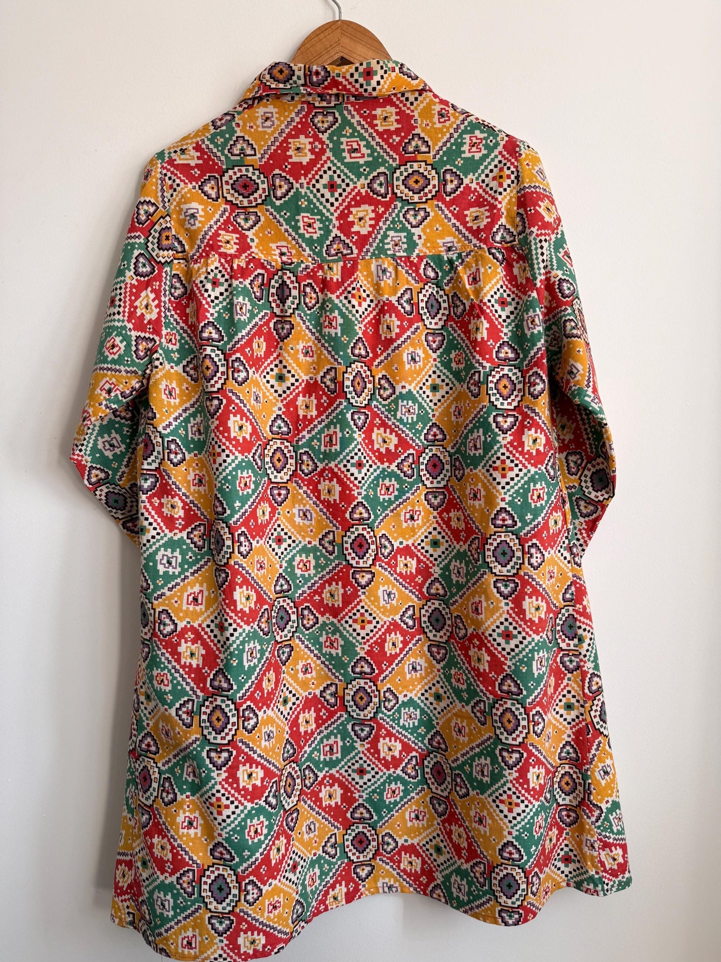 Vintage 1940s Geometric Print Over Blouse | Colourful Cotton Smock Shirt | Utility Era Jacket | UK 14-16