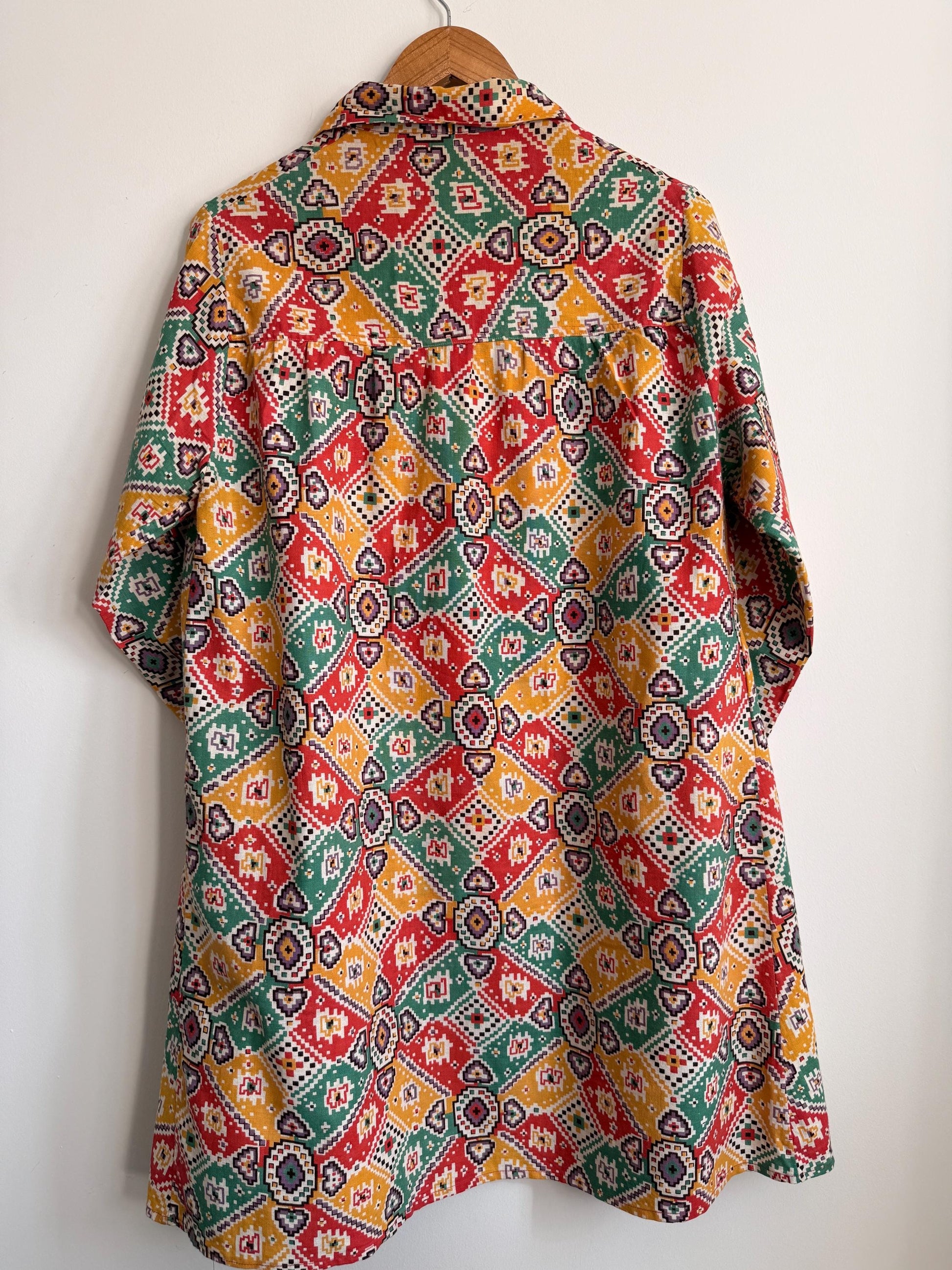 Vintage 1940s Geometric Print Over Blouse | Colourful Cotton Smock Shirt | Utility Era Jacket | UK 14-16
