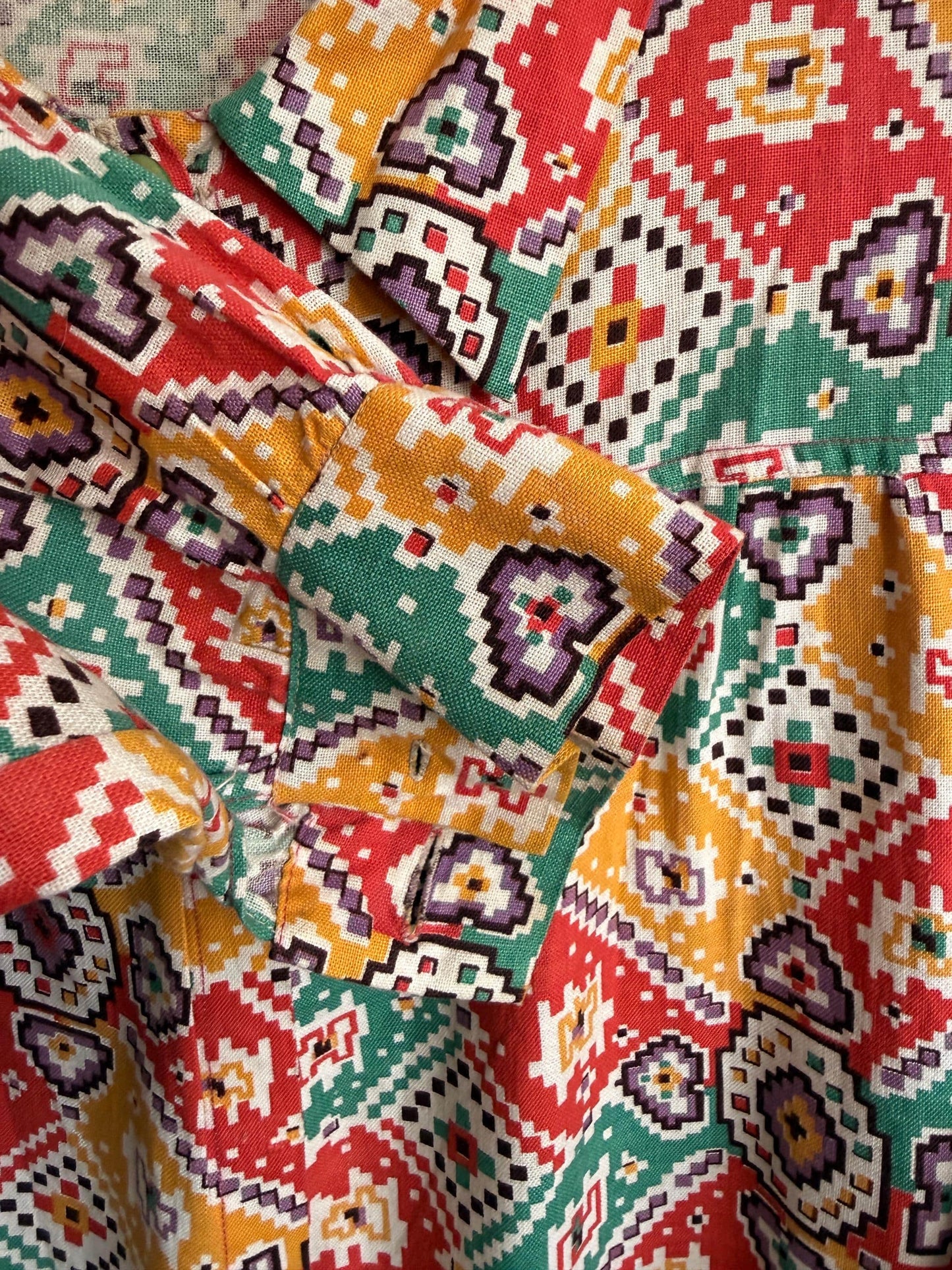 Vintage 1940s Geometric Print Over Blouse | Colourful Cotton Smock Shirt | Utility Era Jacket | UK 14-16