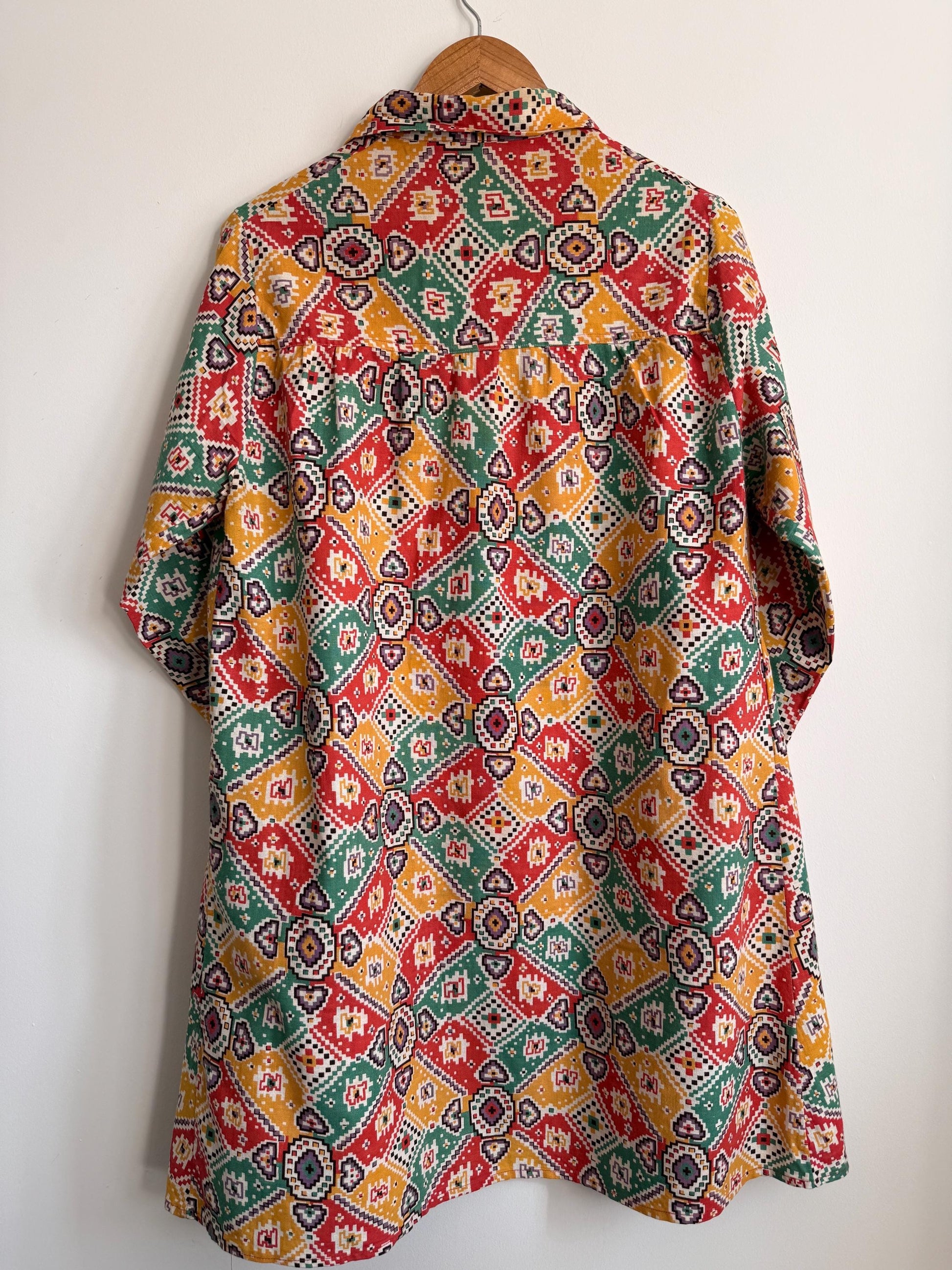 Vintage 1940s Geometric Print Over Blouse | Colourful Cotton Smock Shirt | Utility Era Jacket | UK 14-16