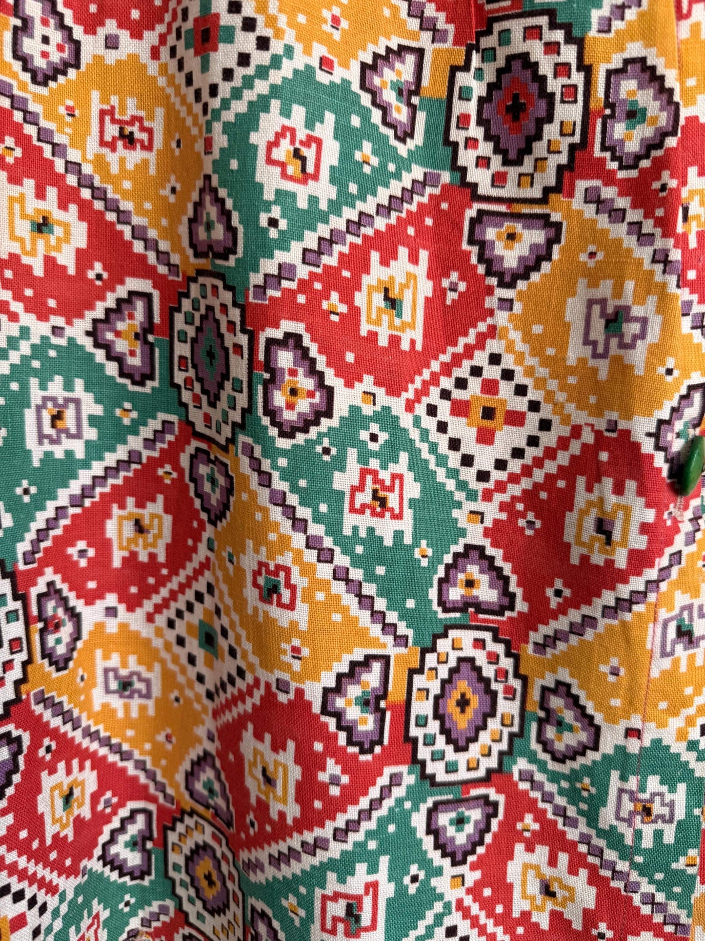 Vintage 1940s Geometric Print Over Blouse | Colourful Cotton Smock Shirt | Utility Era Jacket | UK 14-16