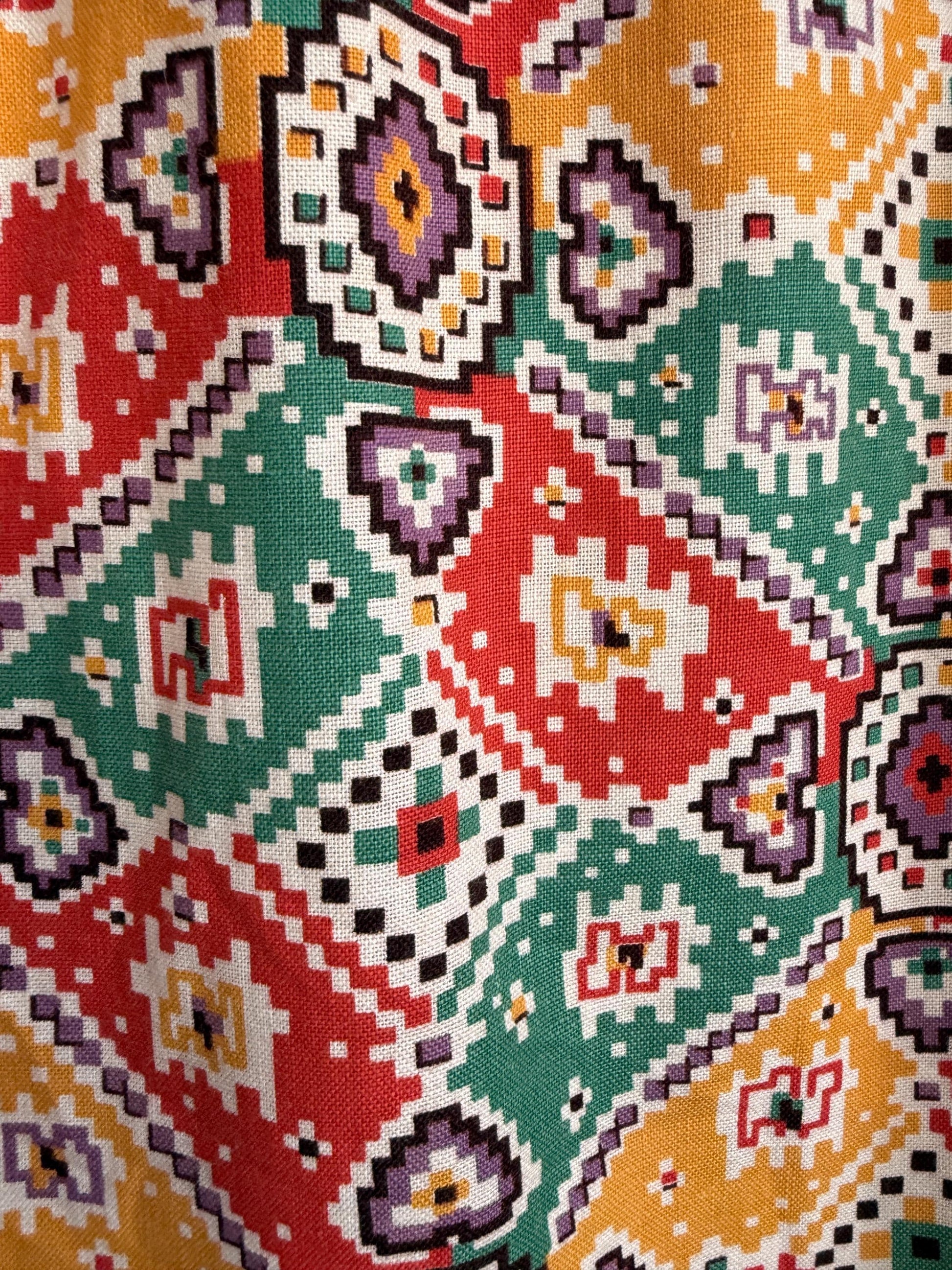 Vintage 1940s Geometric Print Over Blouse | Colourful Cotton Smock Shirt | Utility Era Jacket | UK 14-16