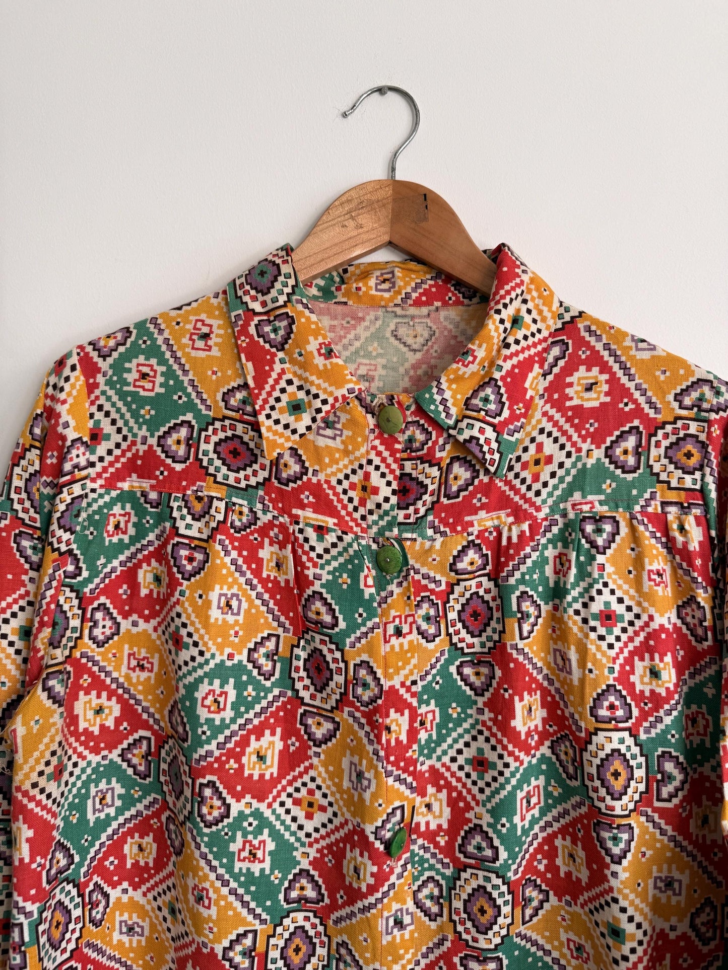Vintage 1940s Geometric Print Over Blouse | Colourful Cotton Smock Shirt | Utility Era Jacket | UK 14-16