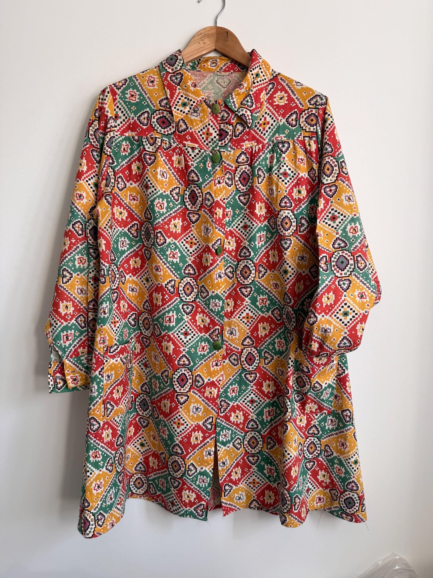 Vintage 1940s Geometric Print Over Blouse | Colourful Cotton Smock Shirt | Utility Era Jacket | UK 14-16