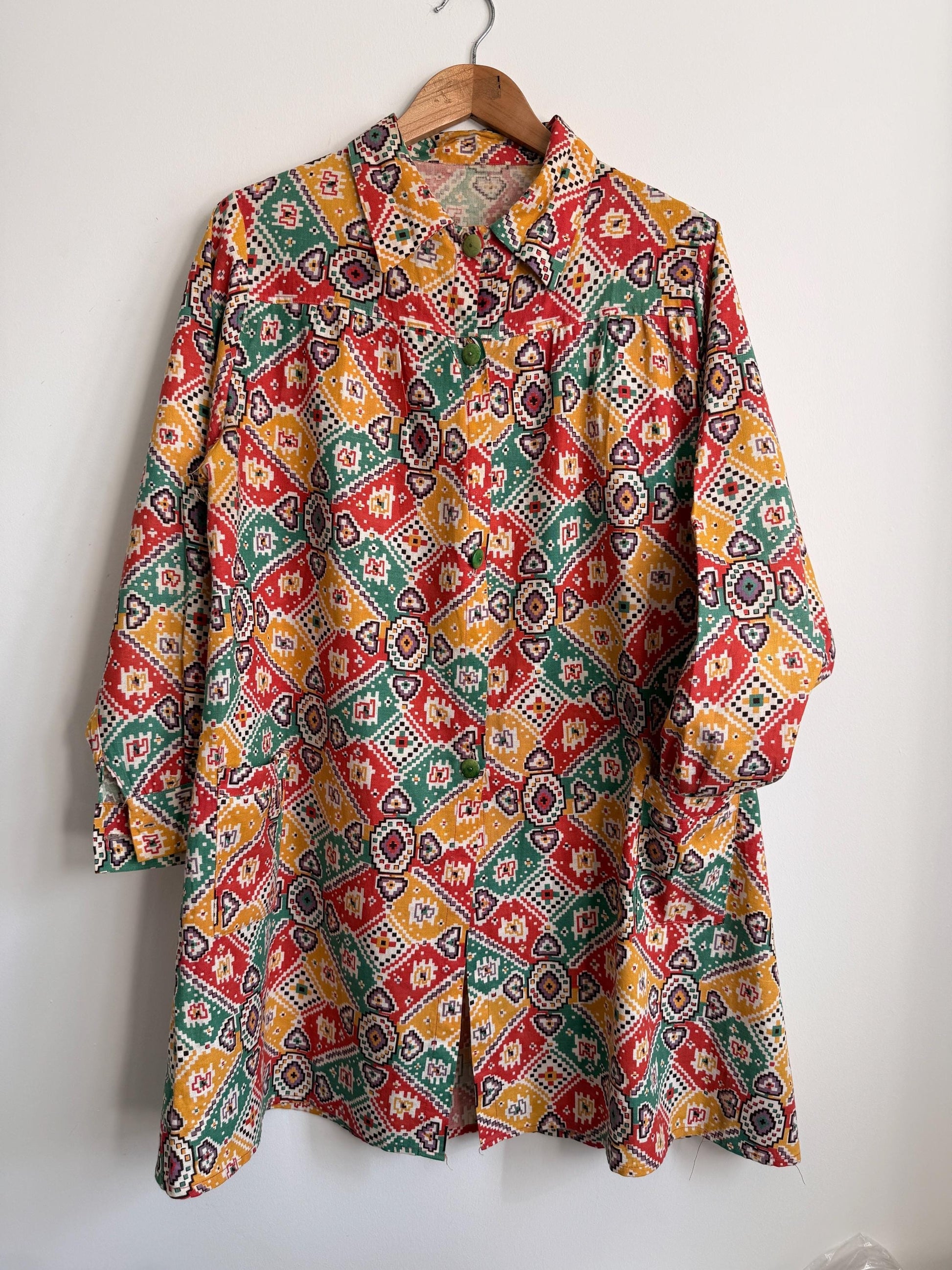 Vintage 1940s Geometric Print Over Blouse | Colourful Cotton Smock Shirt | Utility Era Jacket | UK 14-16