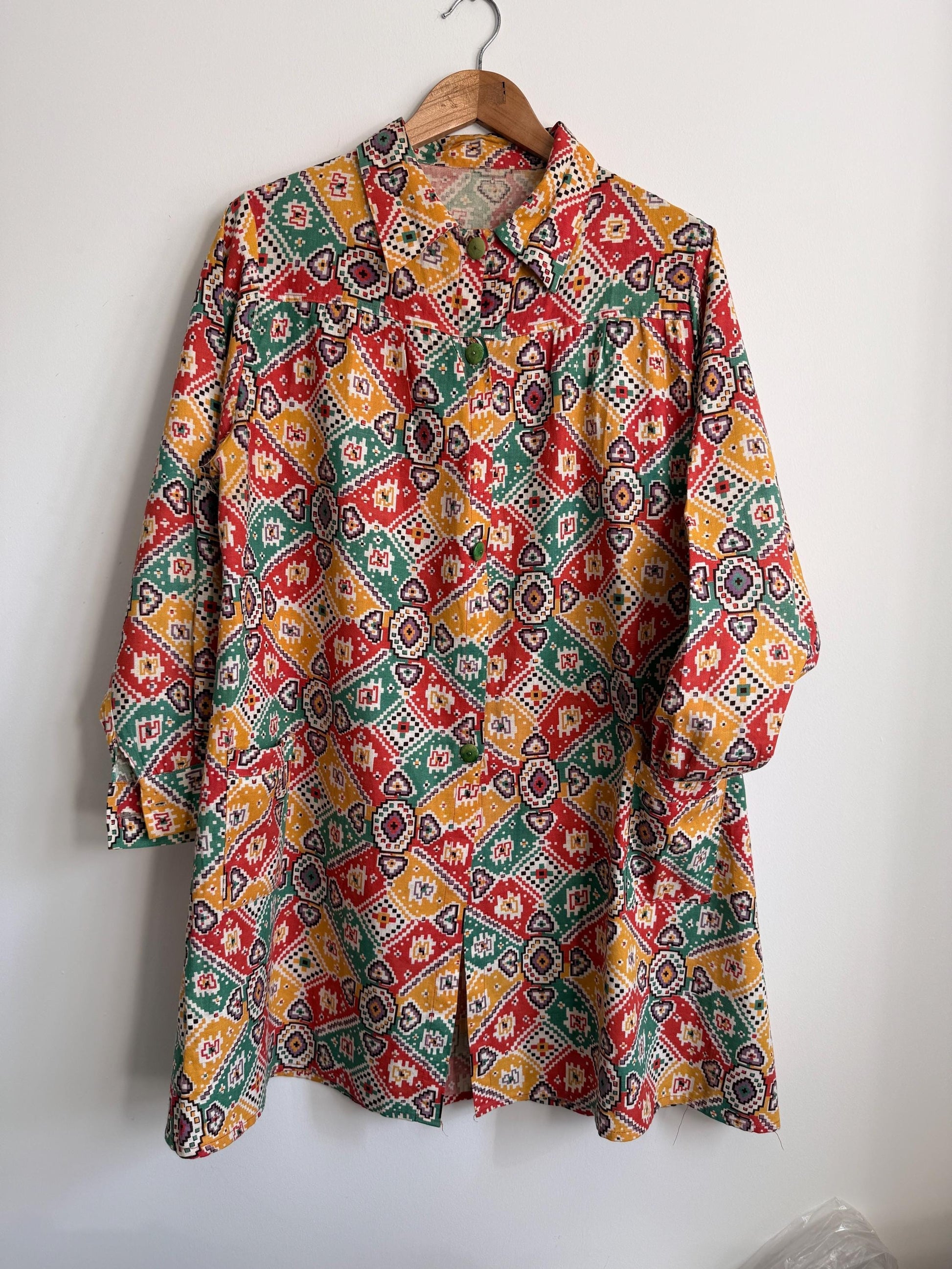 Vintage 1940s Geometric Print Over Blouse | Colourful Cotton Smock Shirt | Utility Era Jacket | UK 14-16