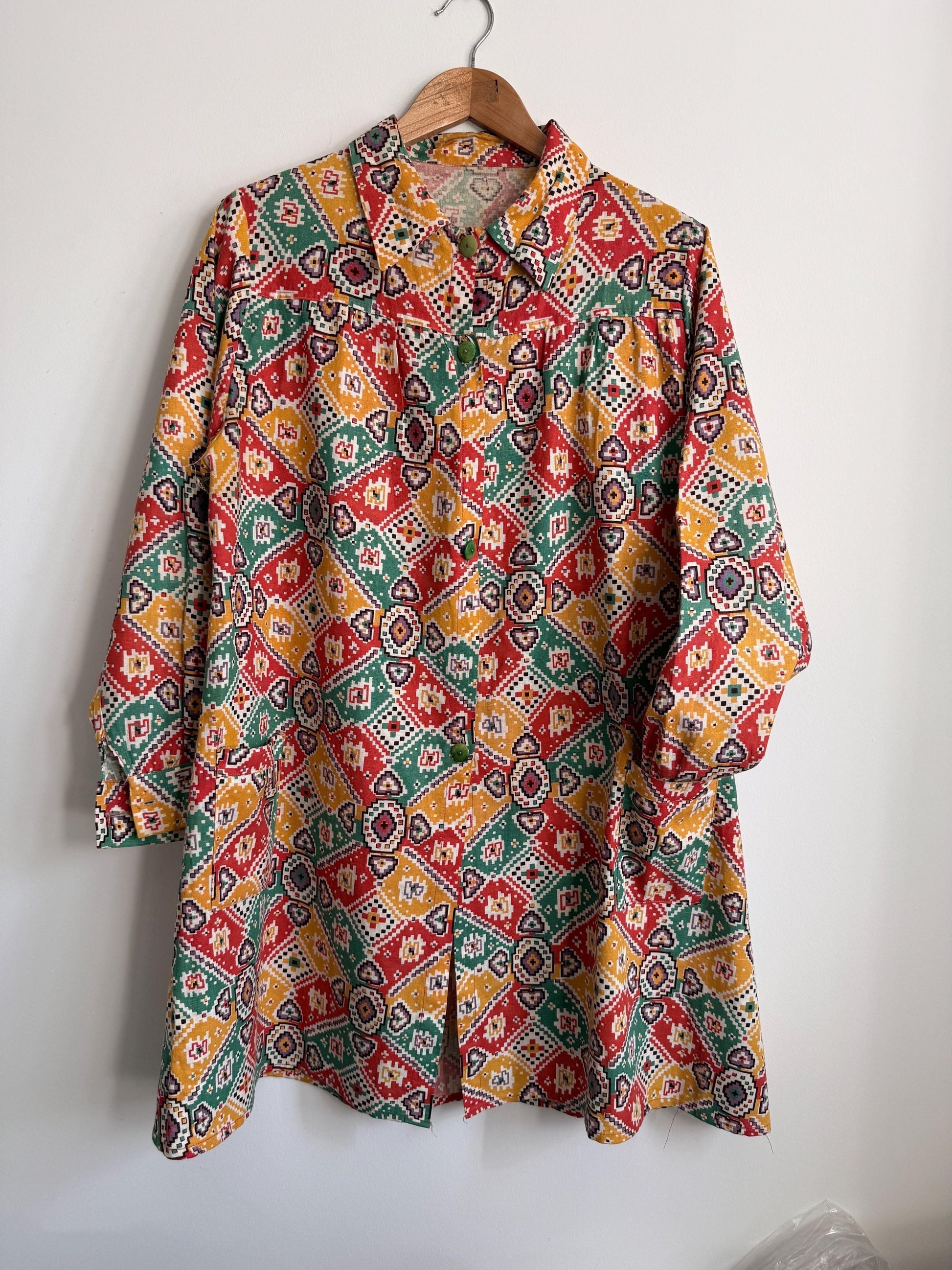 Vintage 1940s Geometric Print Over Blouse | Colourful Cotton Smock Shirt | Utility Era Jacket | UK 14-16
