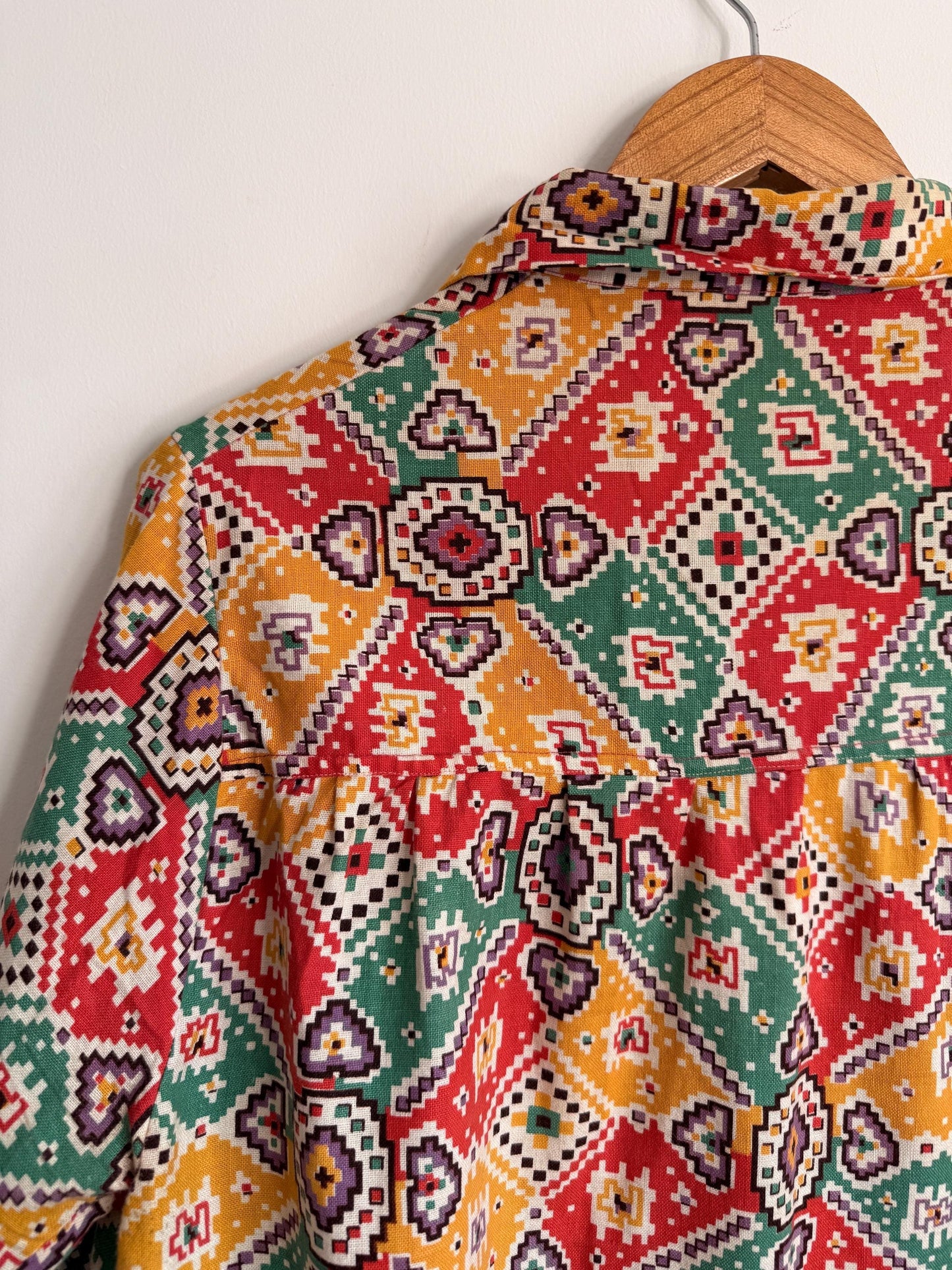 Vintage 1940s Geometric Print Over Blouse | Colourful Cotton Smock Shirt | Utility Era Jacket | UK 14-16