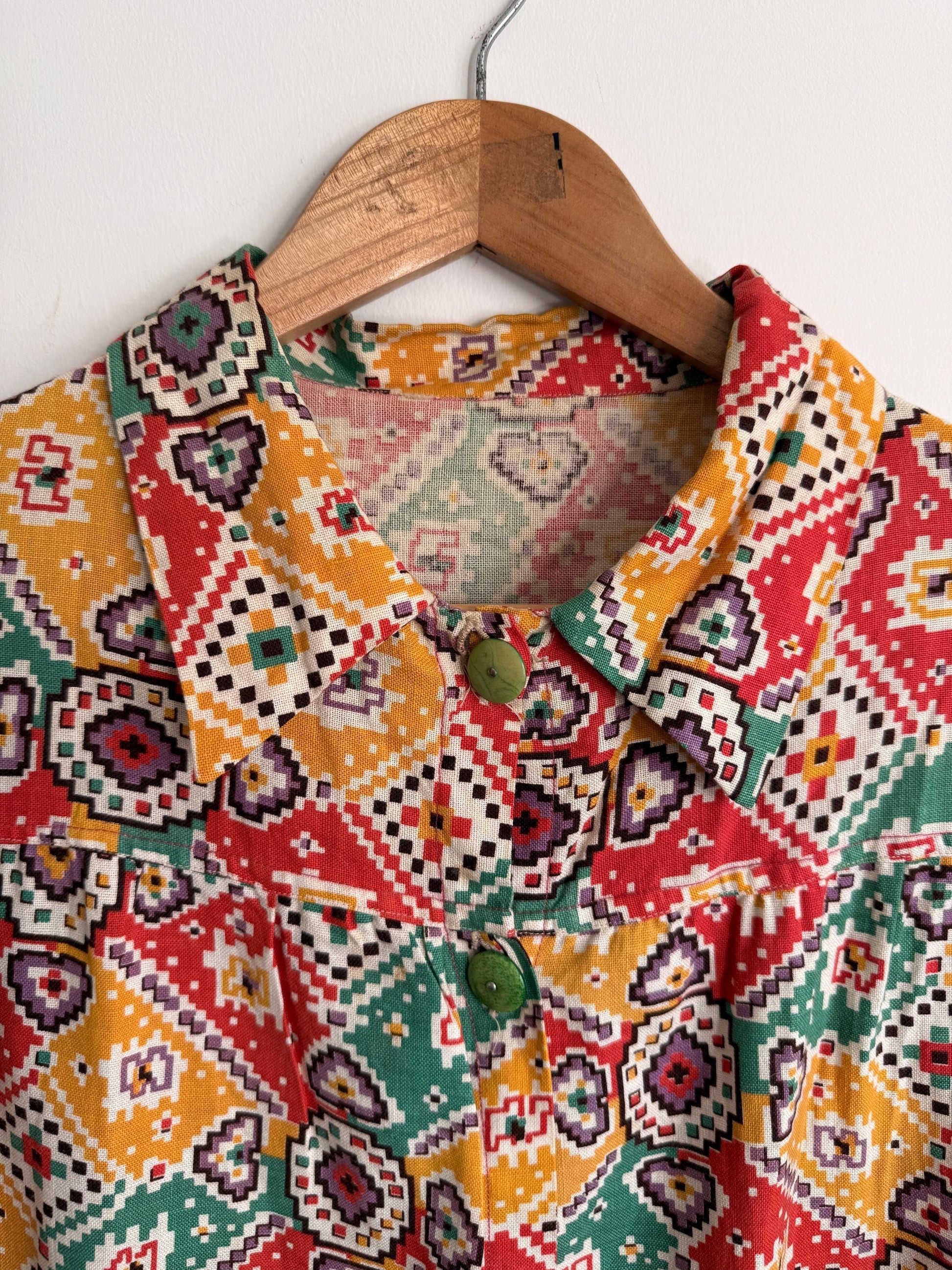 Vintage 1940s Geometric Print Over Blouse | Colourful Cotton Smock Shirt | Utility Era Jacket | UK 14-16