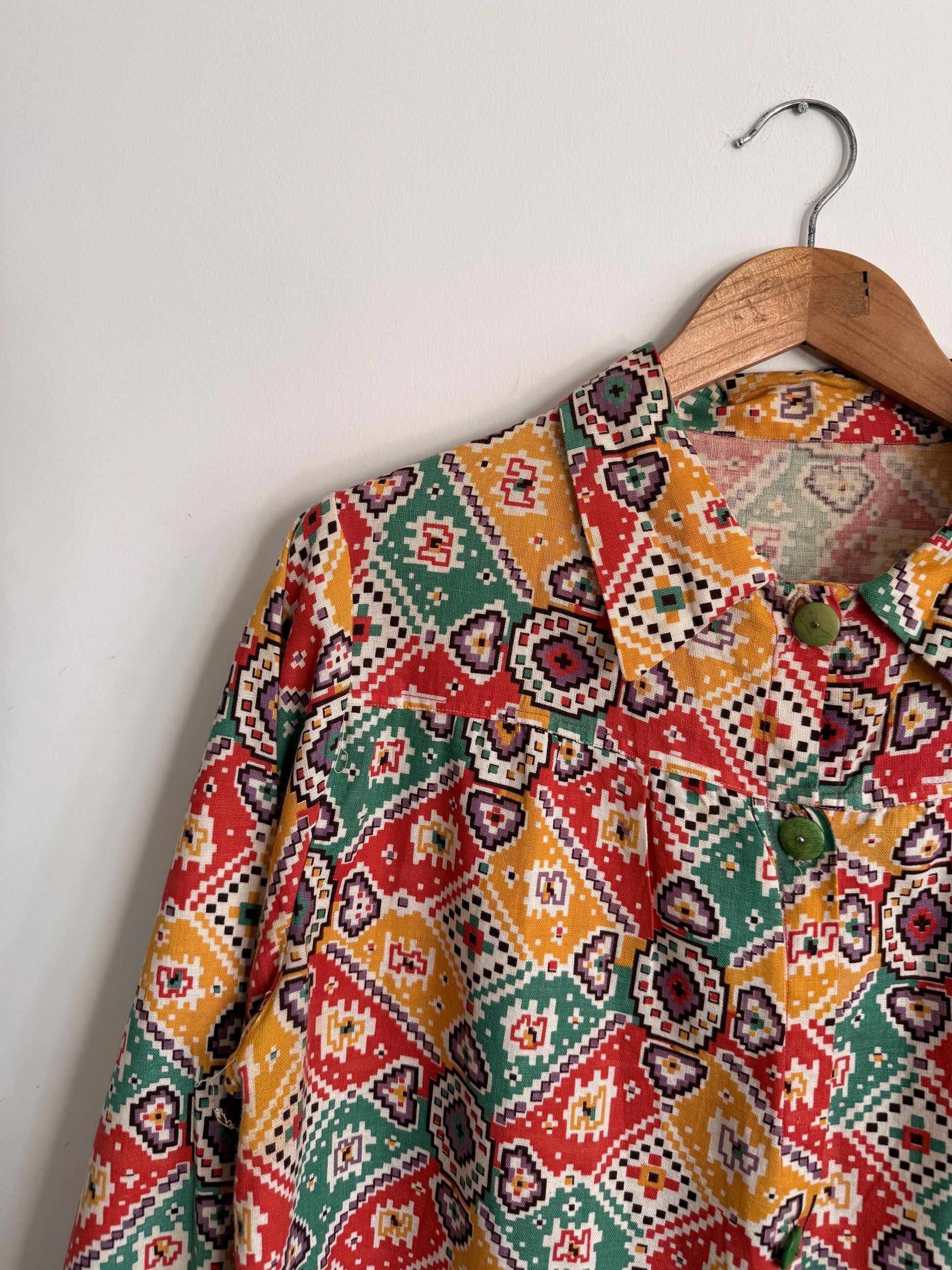Vintage 1940s Geometric Print Over Blouse | Colourful Cotton Smock Shirt | Utility Era Jacket | UK 14-16