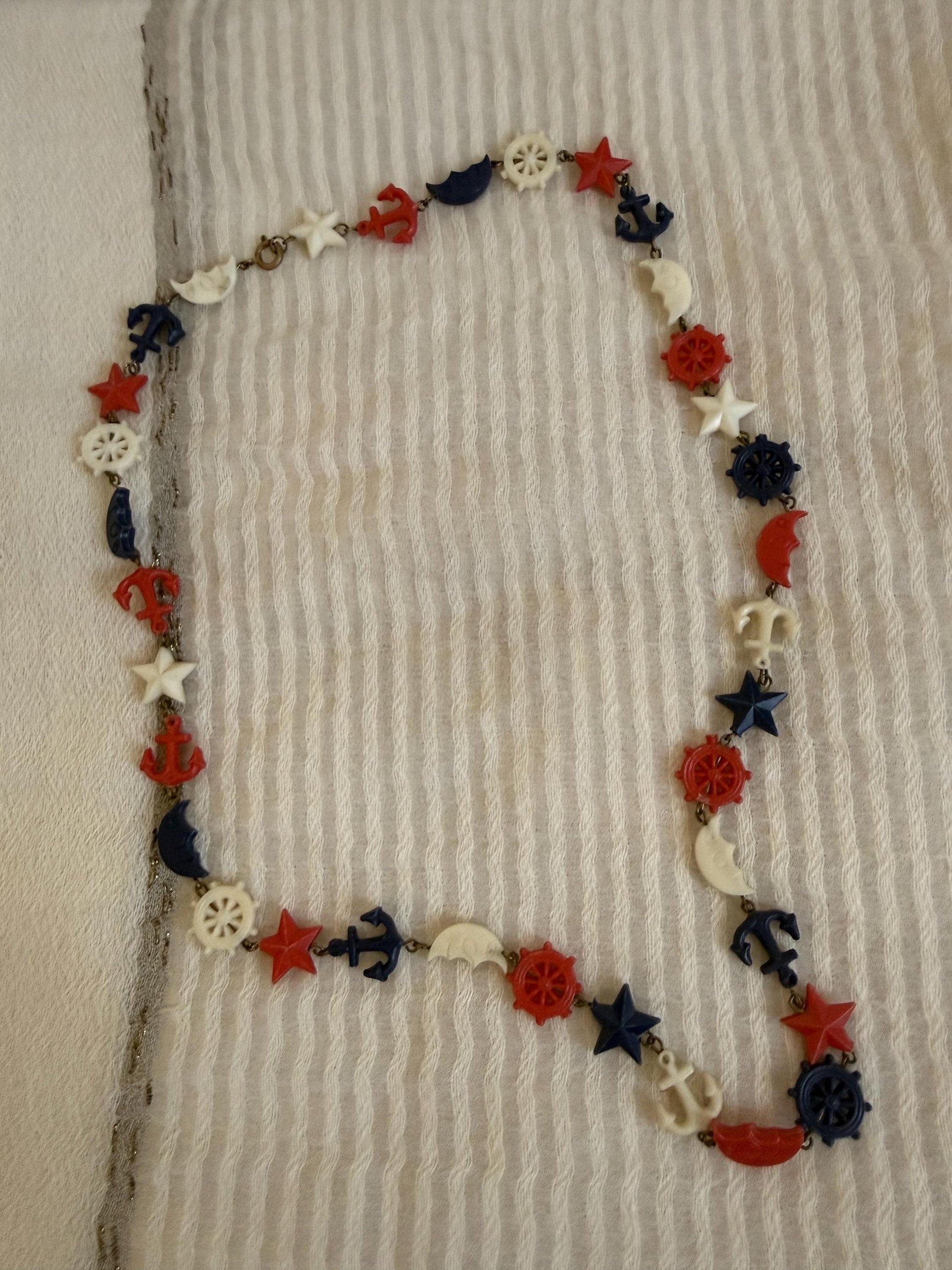Vintage 1940s Nautical Charm Necklace, Red White Blue Plastic Necklace, Anchor Ship Wheel Star Jewellery