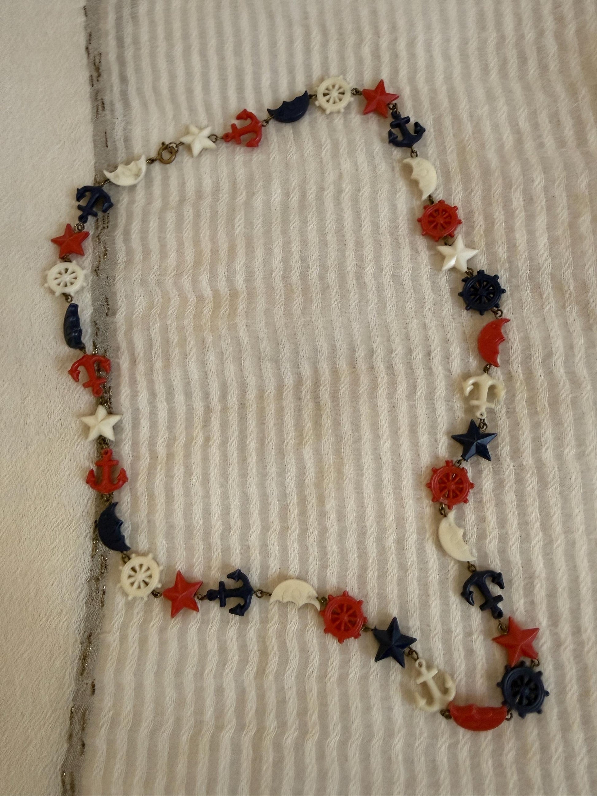 Vintage 1940s Nautical Charm Necklace, Red White Blue Plastic Necklace, Anchor Ship Wheel Star Jewellery