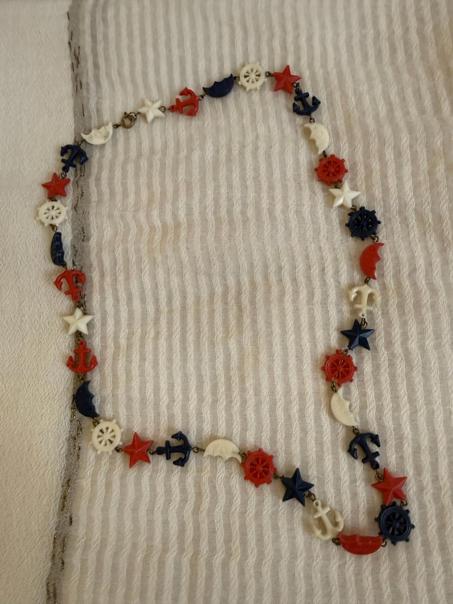 Vintage 1940s Nautical Charm Necklace, Red White Blue Plastic Necklace, Anchor Ship Wheel Star Jewellery