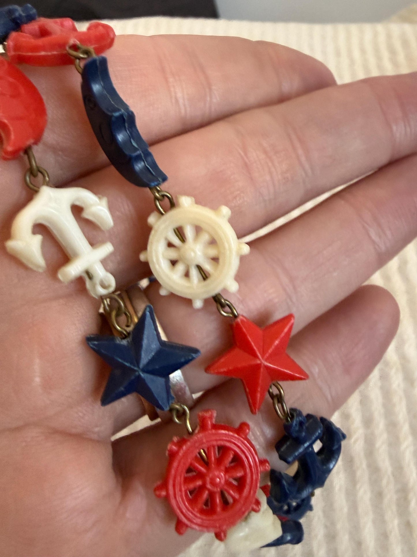 Vintage 1940s Nautical Charm Necklace, Red White Blue Plastic Necklace, Anchor Ship Wheel Star Jewellery