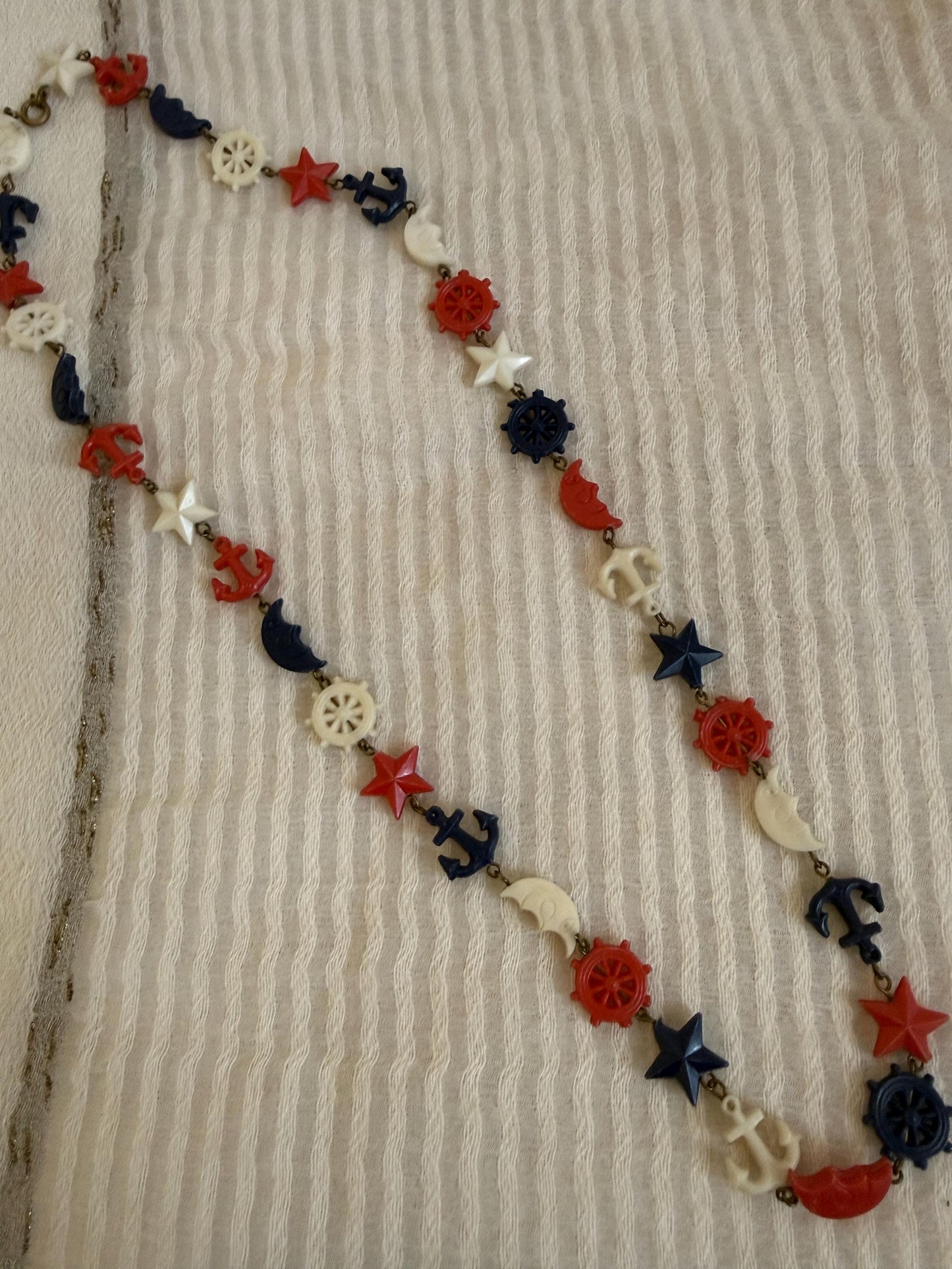Vintage 1940s Nautical Charm Necklace, Red White Blue Plastic Necklace, Anchor Ship Wheel Star Jewellery