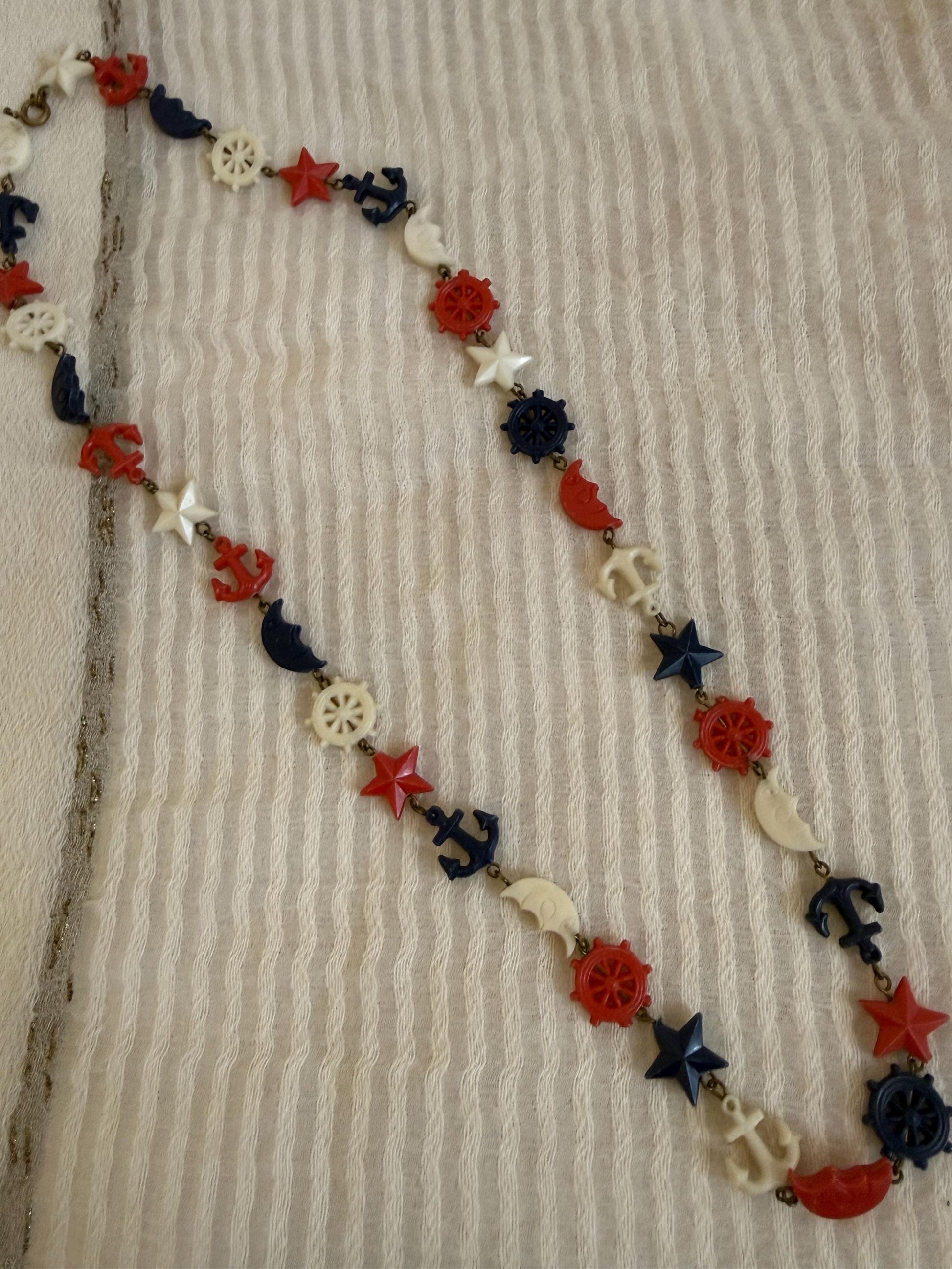 Vintage 1940s Nautical Charm Necklace, Red White Blue Plastic Necklace, Anchor Ship Wheel Star Jewellery