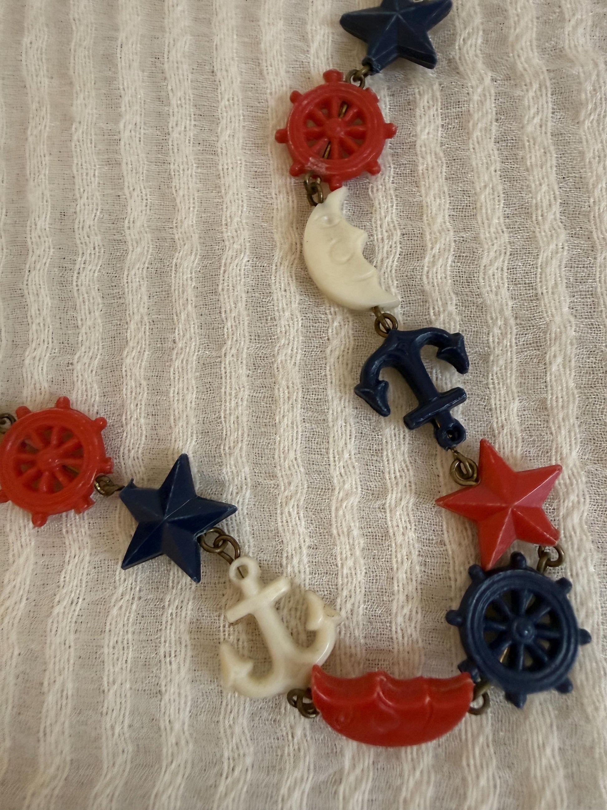 Vintage 1940s Nautical Charm Necklace, Red White Blue Plastic Necklace, Anchor Ship Wheel Star Jewellery