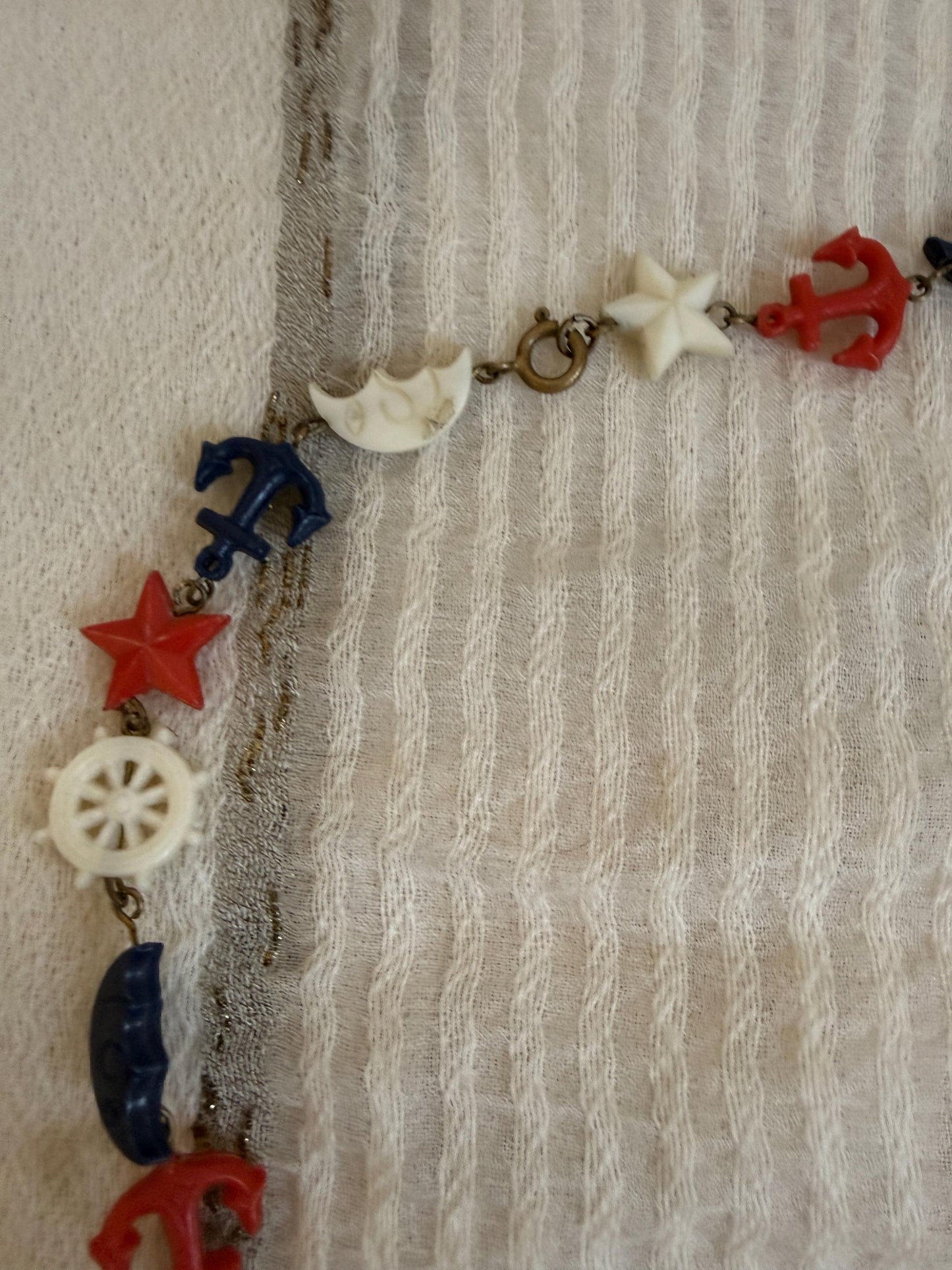 Vintage 1940s Nautical Charm Necklace, Red White Blue Plastic Necklace, Anchor Ship Wheel Star Jewellery